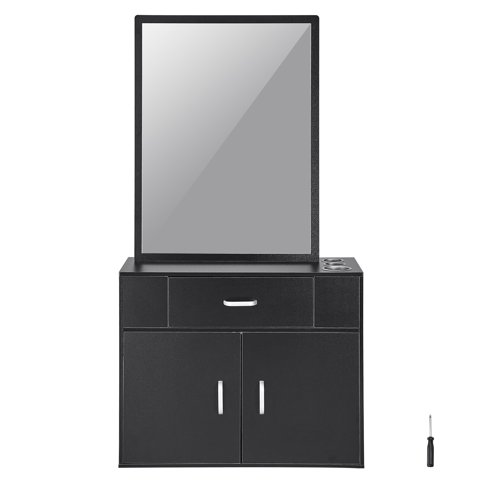 GIVIMO Wall-Hanging Salon Station in Matte Black MDF With a High-Definition Edge-Wrapped Mirror Three Heat-Resistant Alloy Tool Sleeves With Bottom Covers a Single Drawer on Cold-Rolled Steel Slides and a Dual-Door Cabinet With Damped Hinges