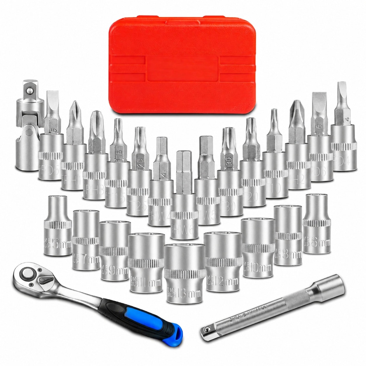 UUDULY  26 Piece Metric Socket Set 5mm to 13mm with Bit Sockets Extension Bar Universal Joint 90 Tooth Ratchet Wrench CRV Steel Storage Case