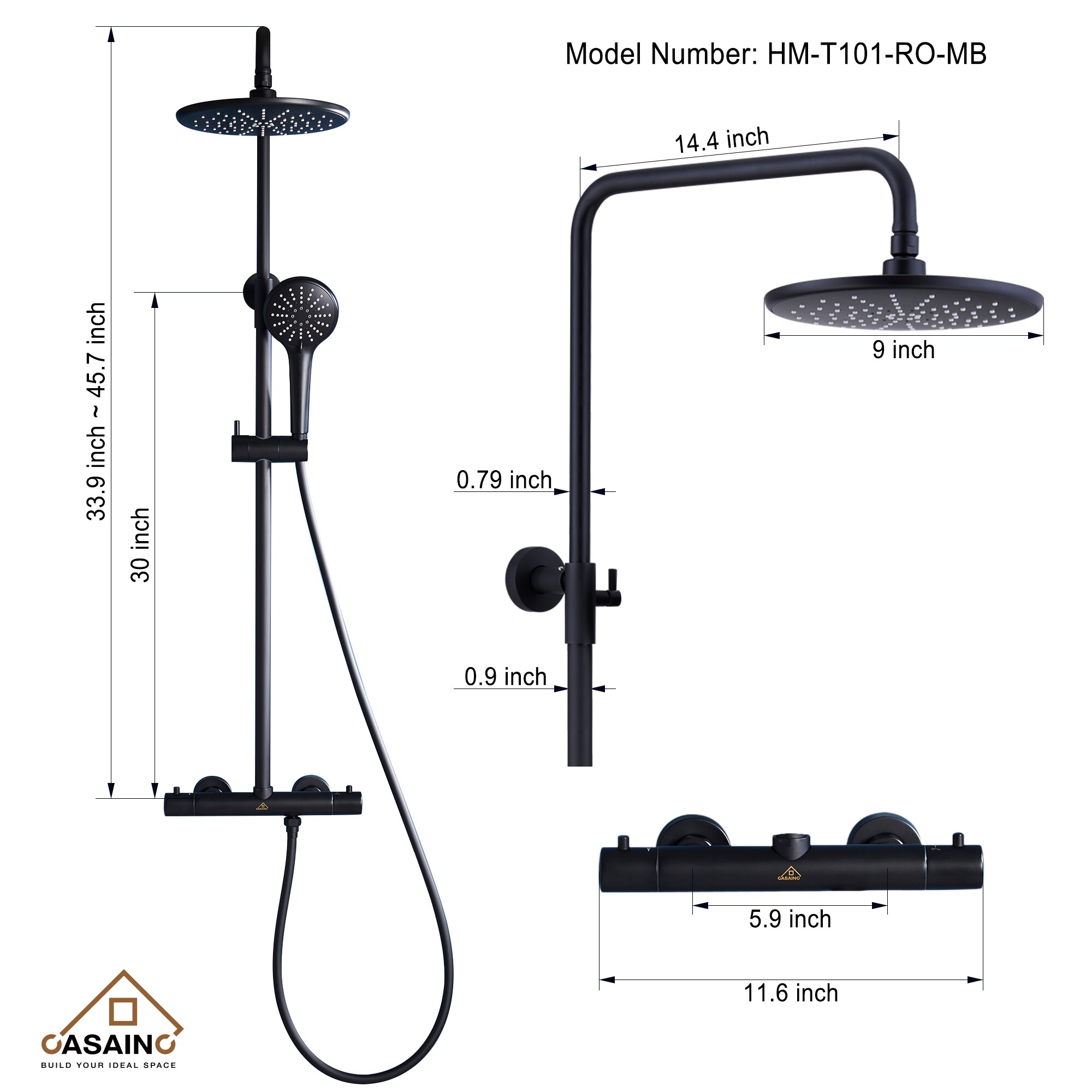 CASAINC Thermostatic Round Shower Faucet Matte Black Dual Head ...