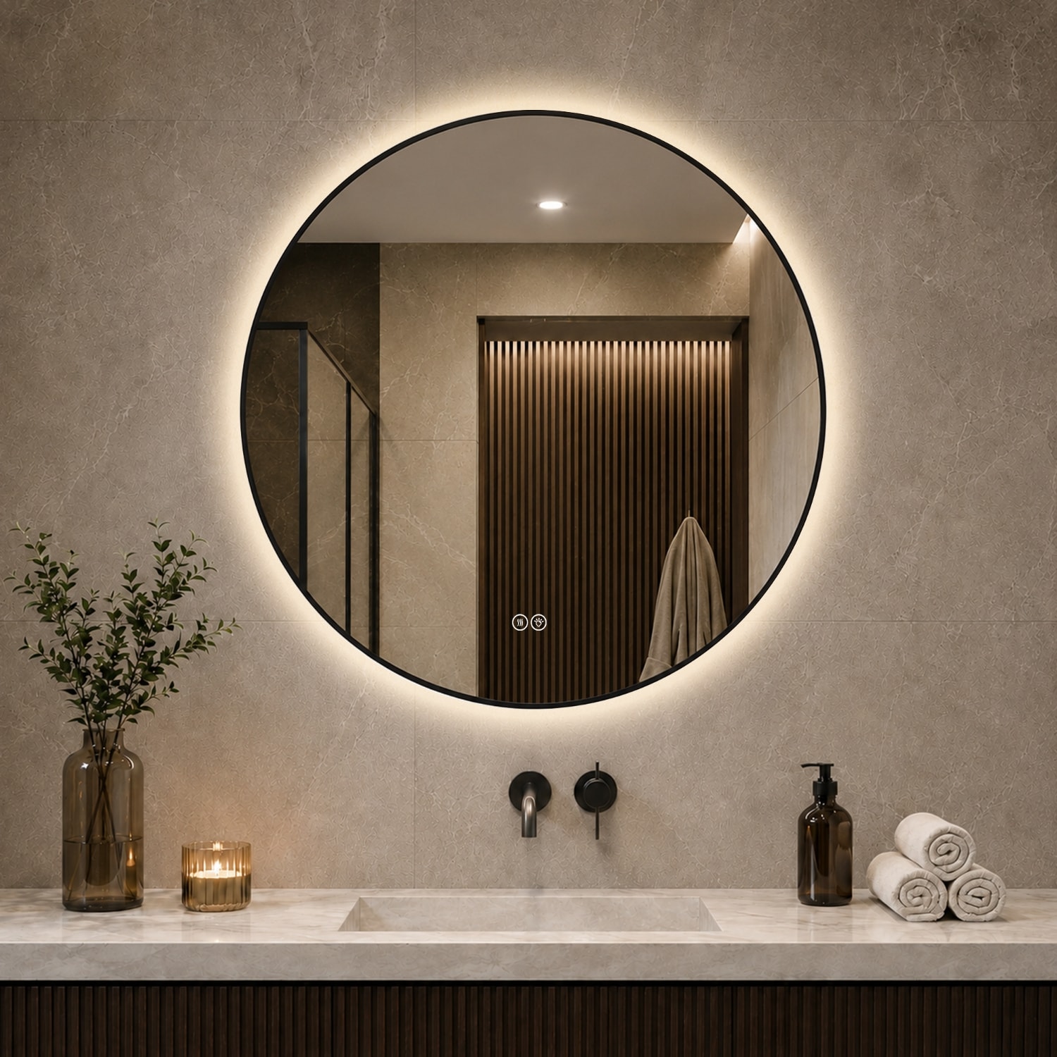 Lirago 28 in Round Aluminum Framed Bathroom Vanity Mirror Black Dimmable LED Mirror Fog Free