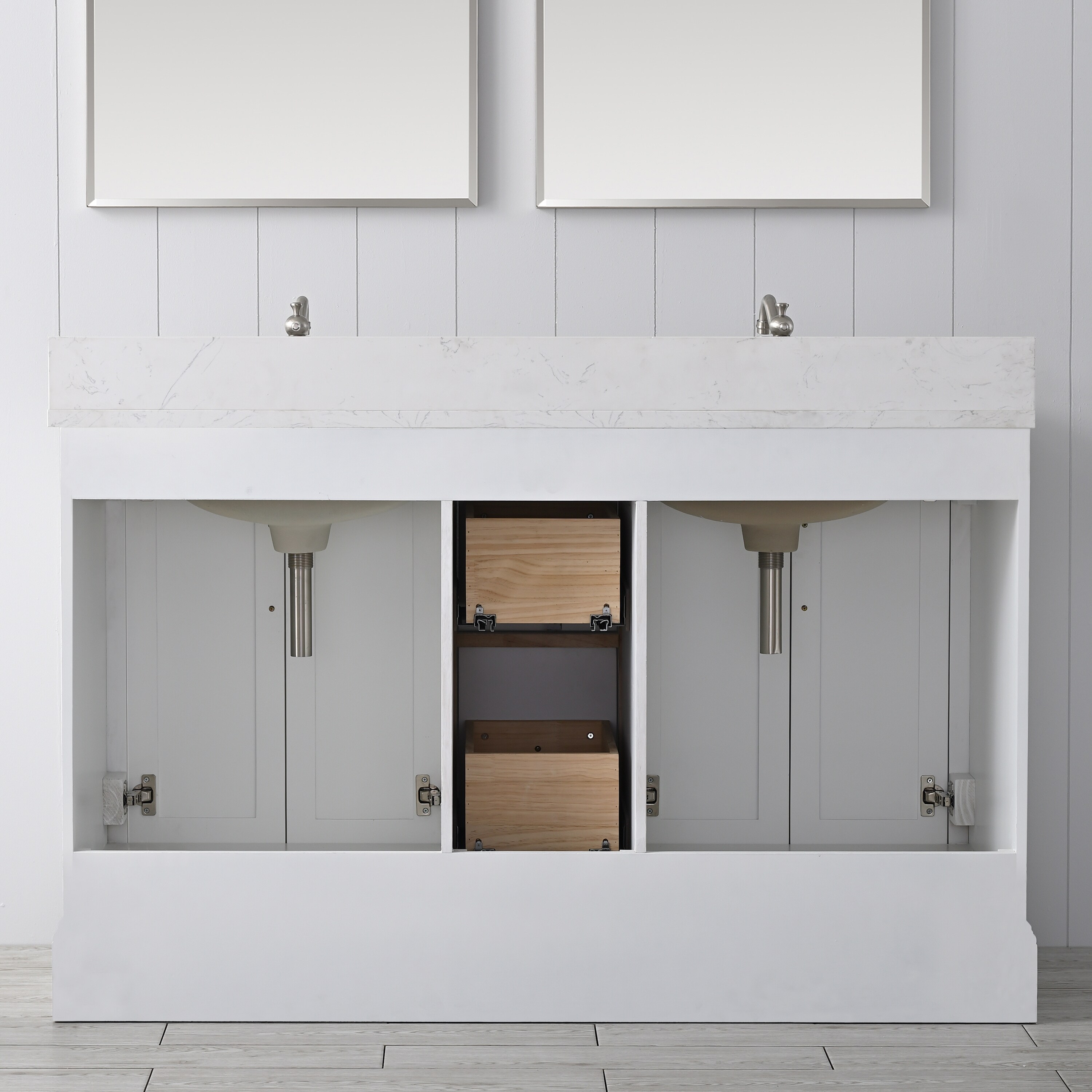 White Double Sink Bathroom Vanity with Quartz Top and Backsplash