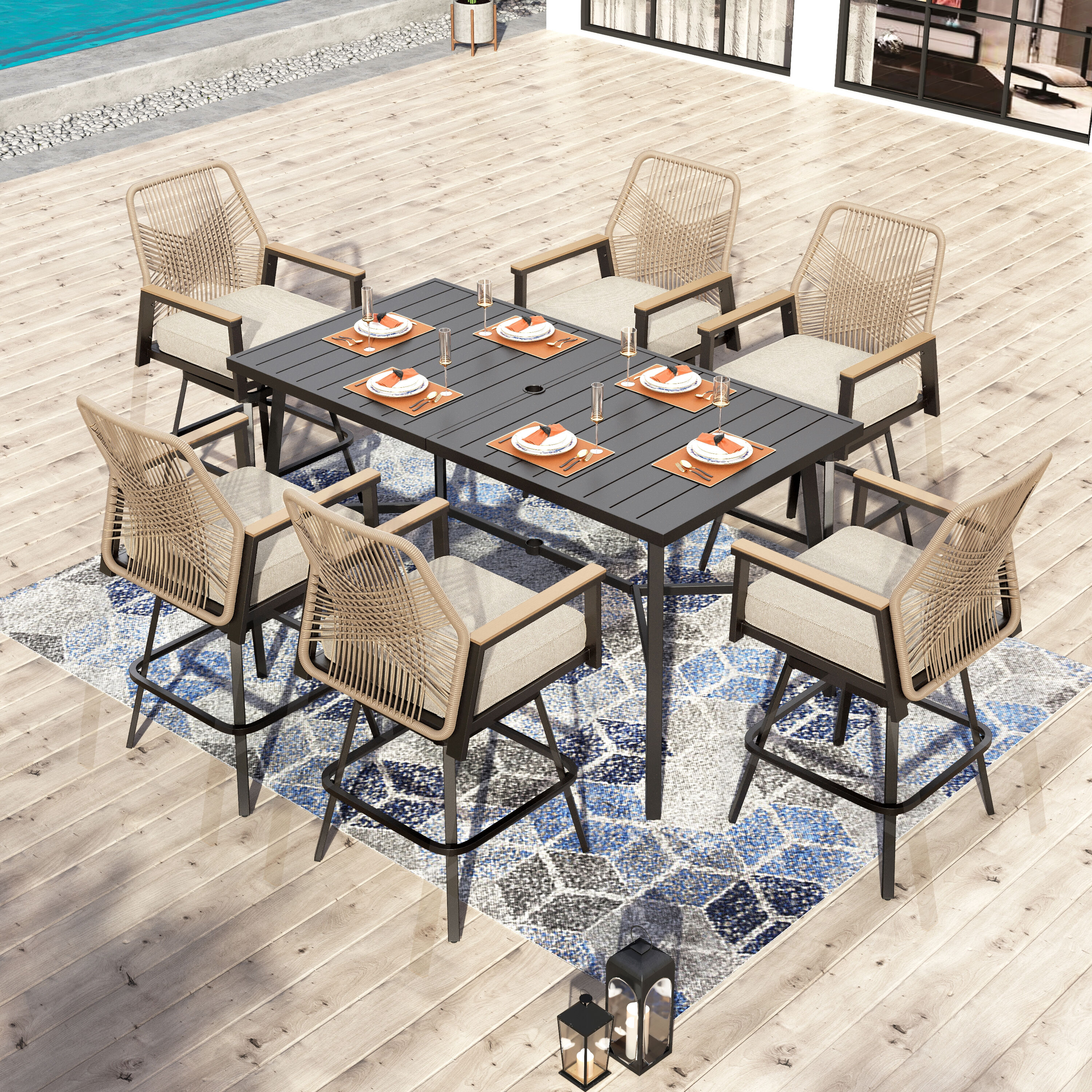 Sunshine Valley S7-3801-080 Outdoor Table and Chairs 7 -Piece Black Rattan Patio Dining Set Steel Rectangle Table with 6 Beige Cushions Swivel Chairs