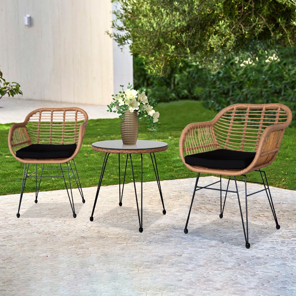 Outopee LO1G56000625 3 -Piece Wicker Patio Conversation Set with Black Cushions