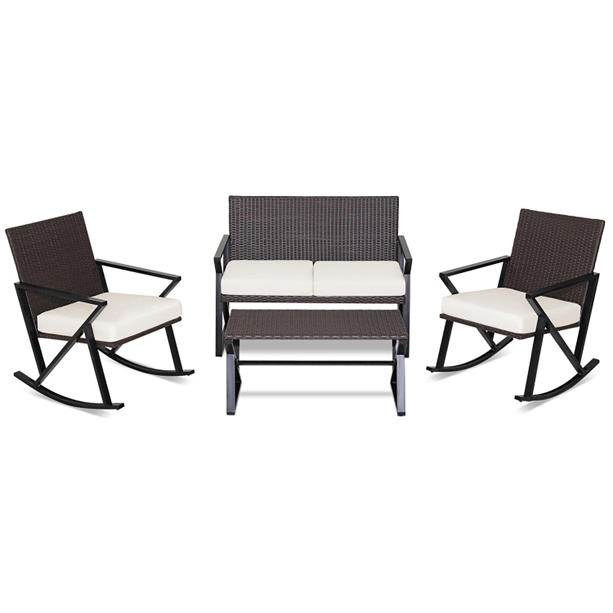Forclover HYFL-741+ 4 Pieces Rattan Patio Rocking Furniture Set with Loveseat and Coffee Table 4 -Piece Rattan Patio Conversation Set with Off-white Cushions