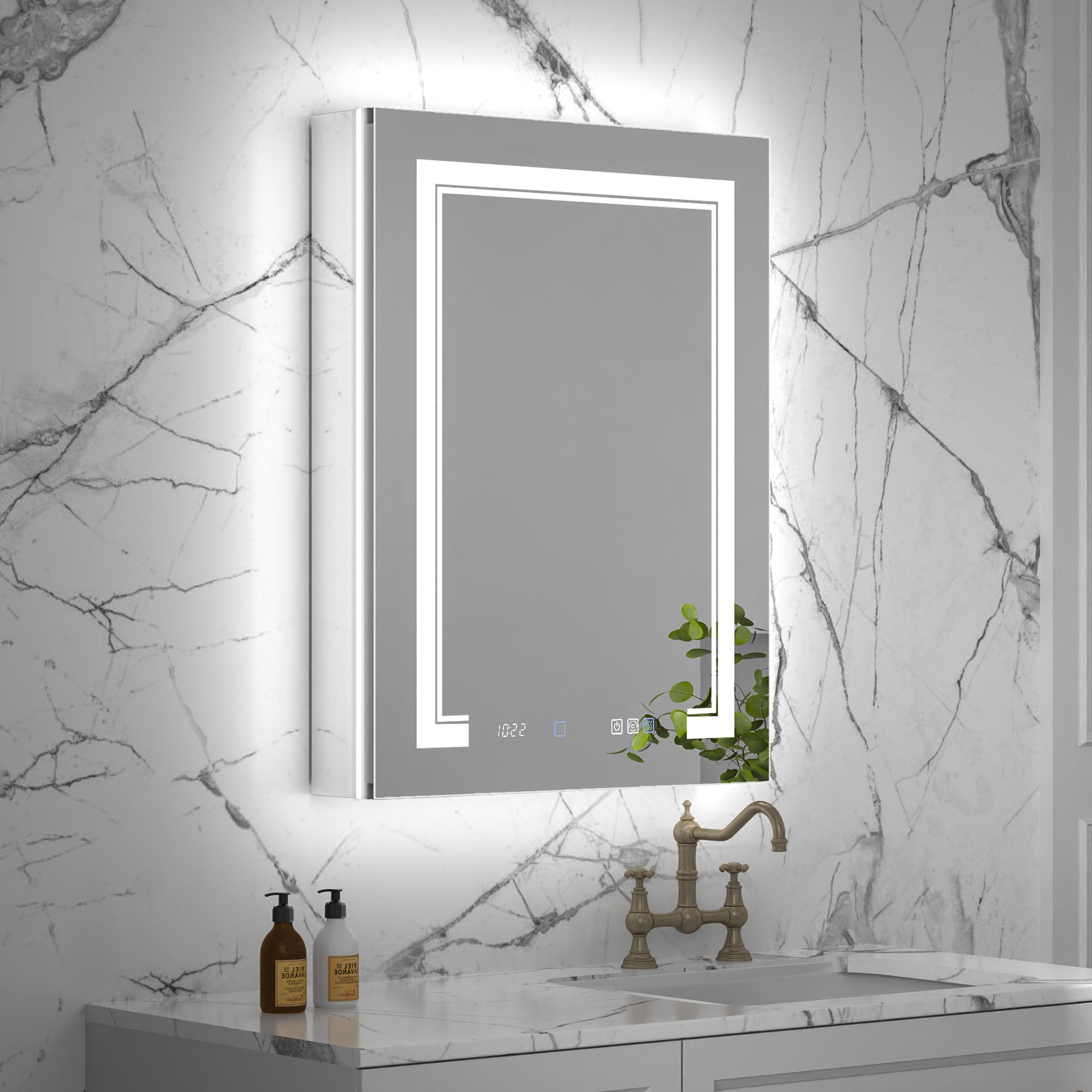 ExBrite MC2432V10RX Vilara 24-in x 32-in Lighted LED Fog Free Surface/Recessed Mount Silver Mirrored Rectangle Soft Close Medicine Cabinet with Outlet