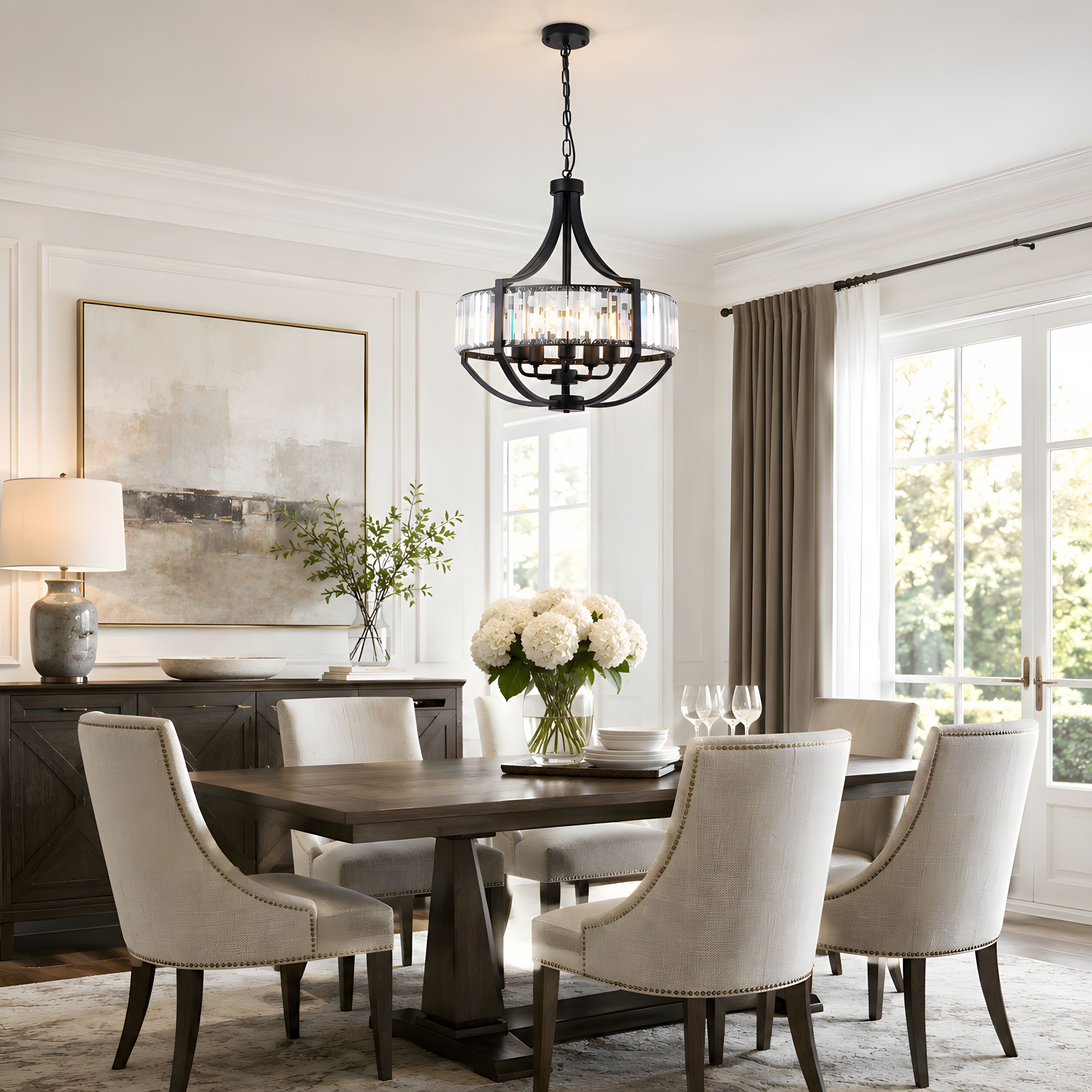 RCCFBHM 20-In Modern Farmhouse Crystal Chandelier 5 Light Antique Black Pendant Light Fixture for Dining Room Kitchen Island Foyer