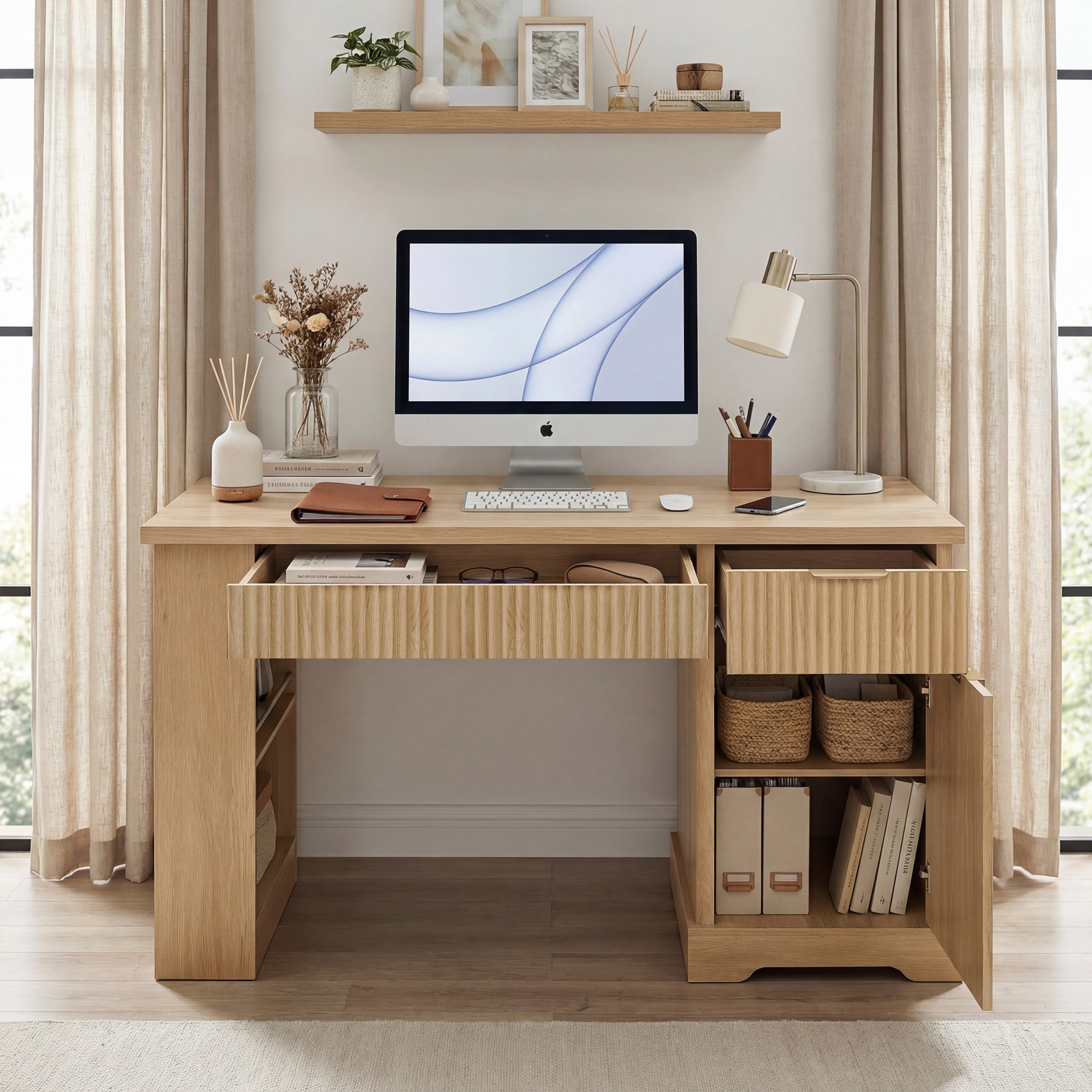 Boyel Living 55 Inch Fluted Office Desk with Storage Cabinet Drawers and Power Outlet Light Oak