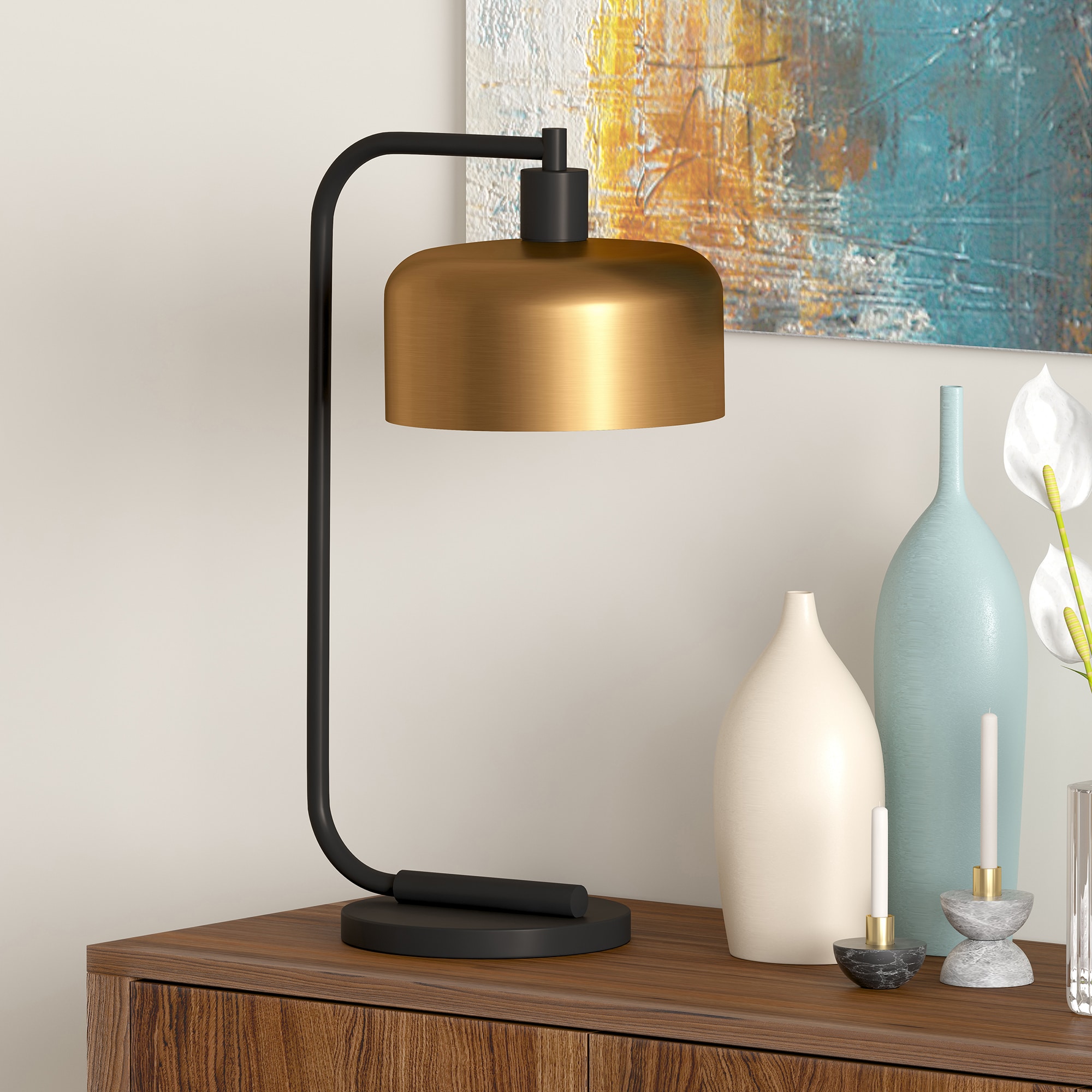 Hailey Home TL0099 Cadmus 205-in Black/brass Rotary socket Table Lamp with Metal Shade