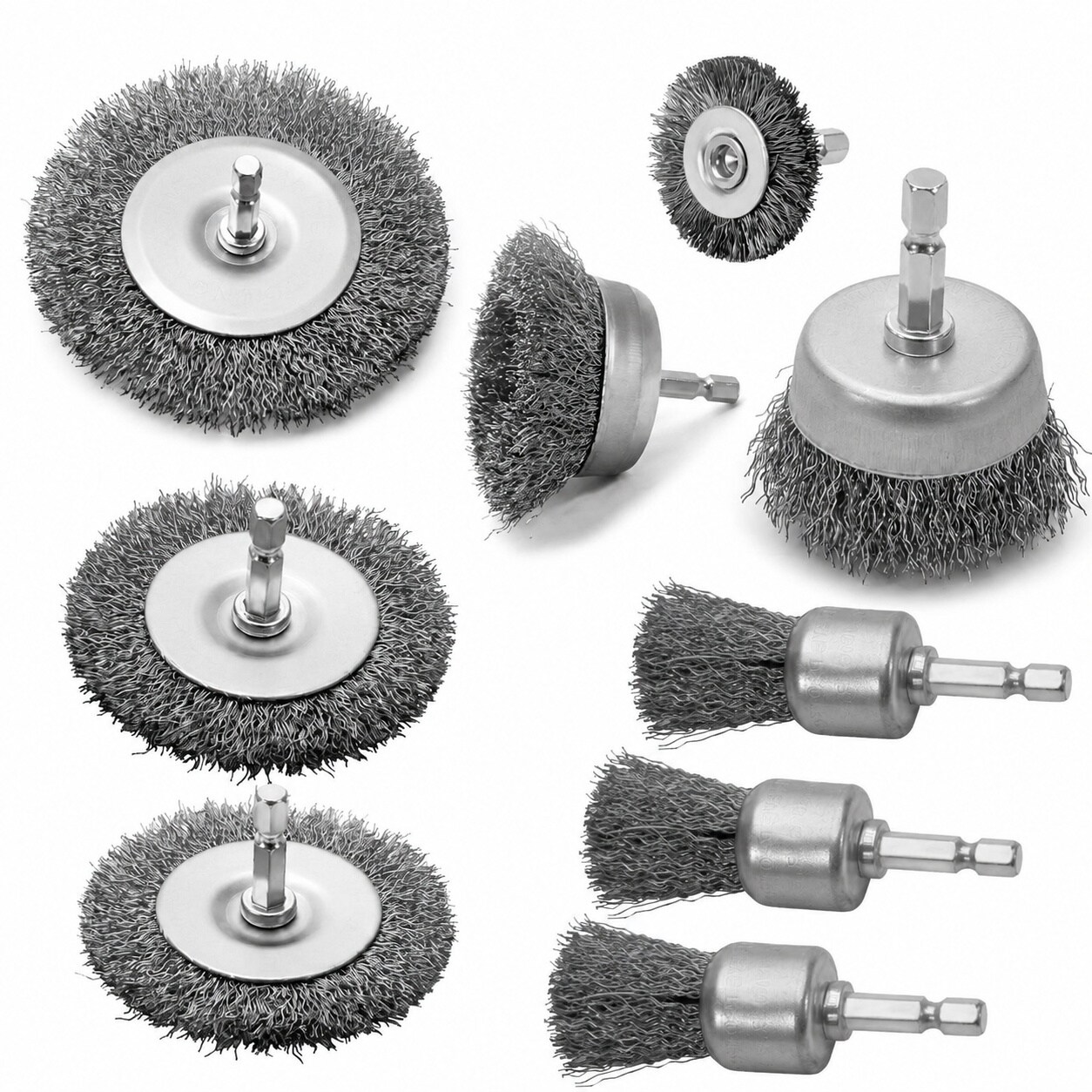Etokfoks  4 in Wire Brush Cleaning Tool for Drill Coarse Crimped Carbon Steel with 9 Piece Set for Rust Paint Removal