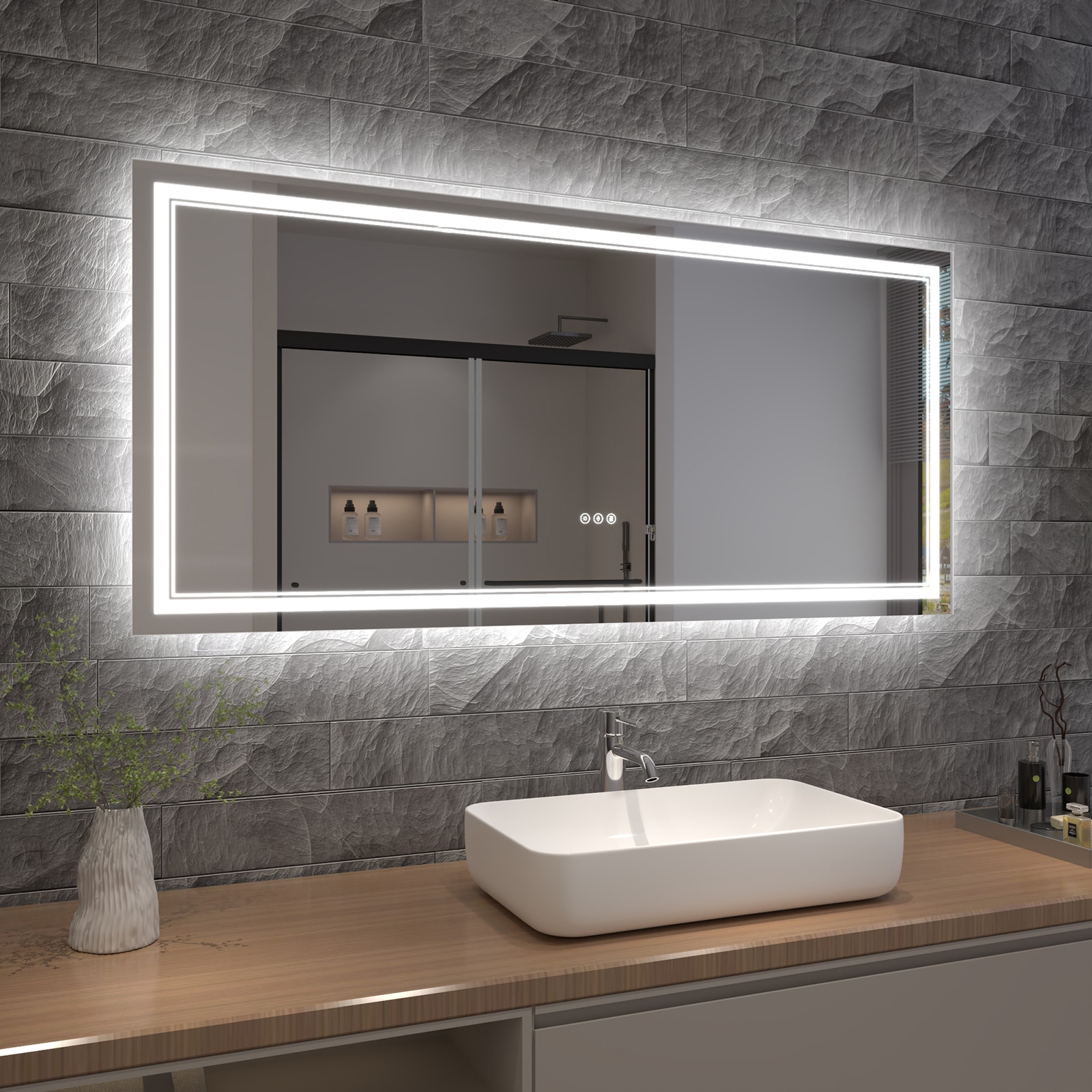 AAZJ JDEX-T05FMR2860 JTF 60-Inches x 28-Inches Polished Frameless Rectangle Dimmable Lighted Fog Free Bathroom Vanity Mirror ( White )
