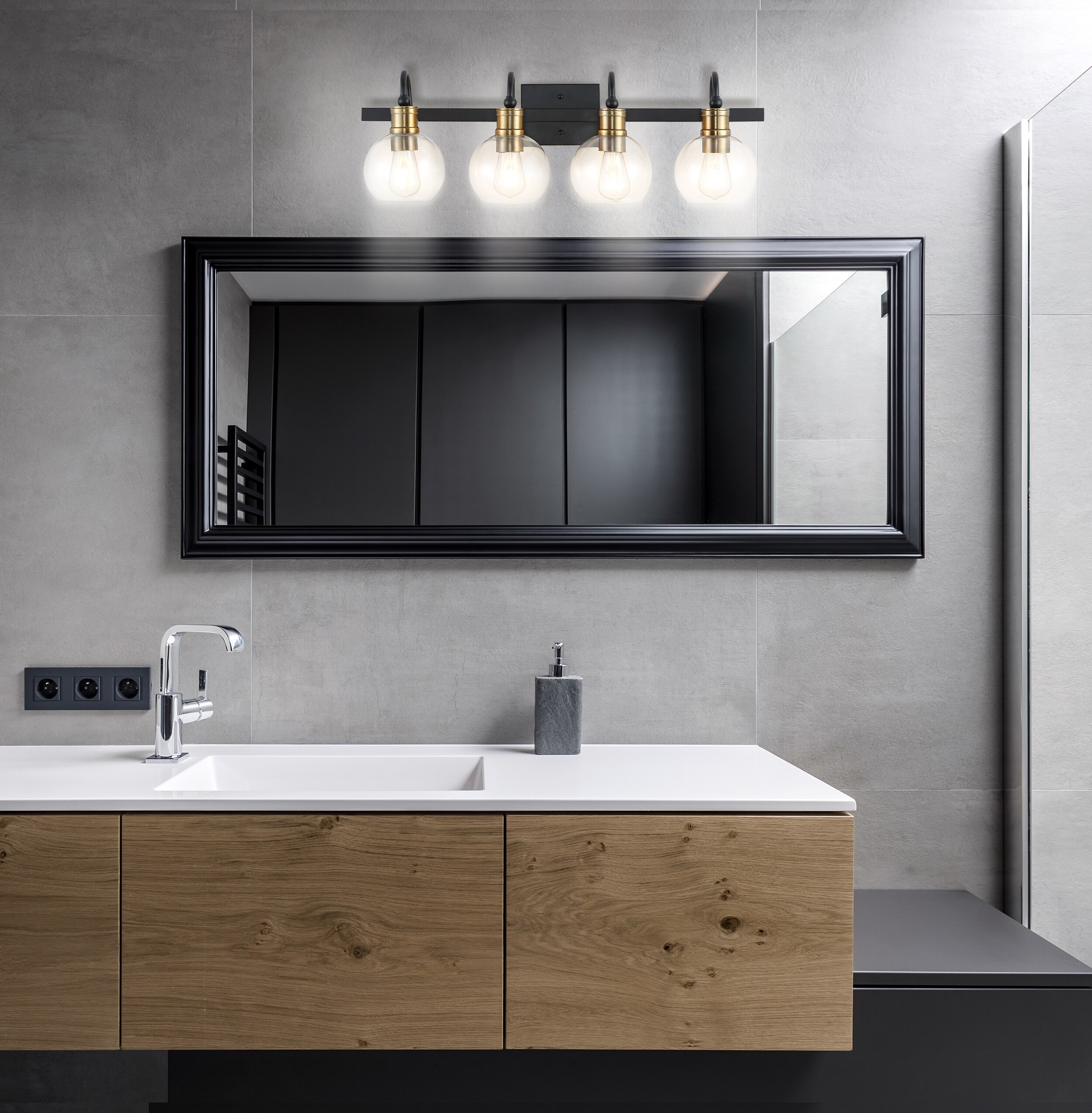 Espanola Black Iron 4-Light Vanity with Clear Glass Globes