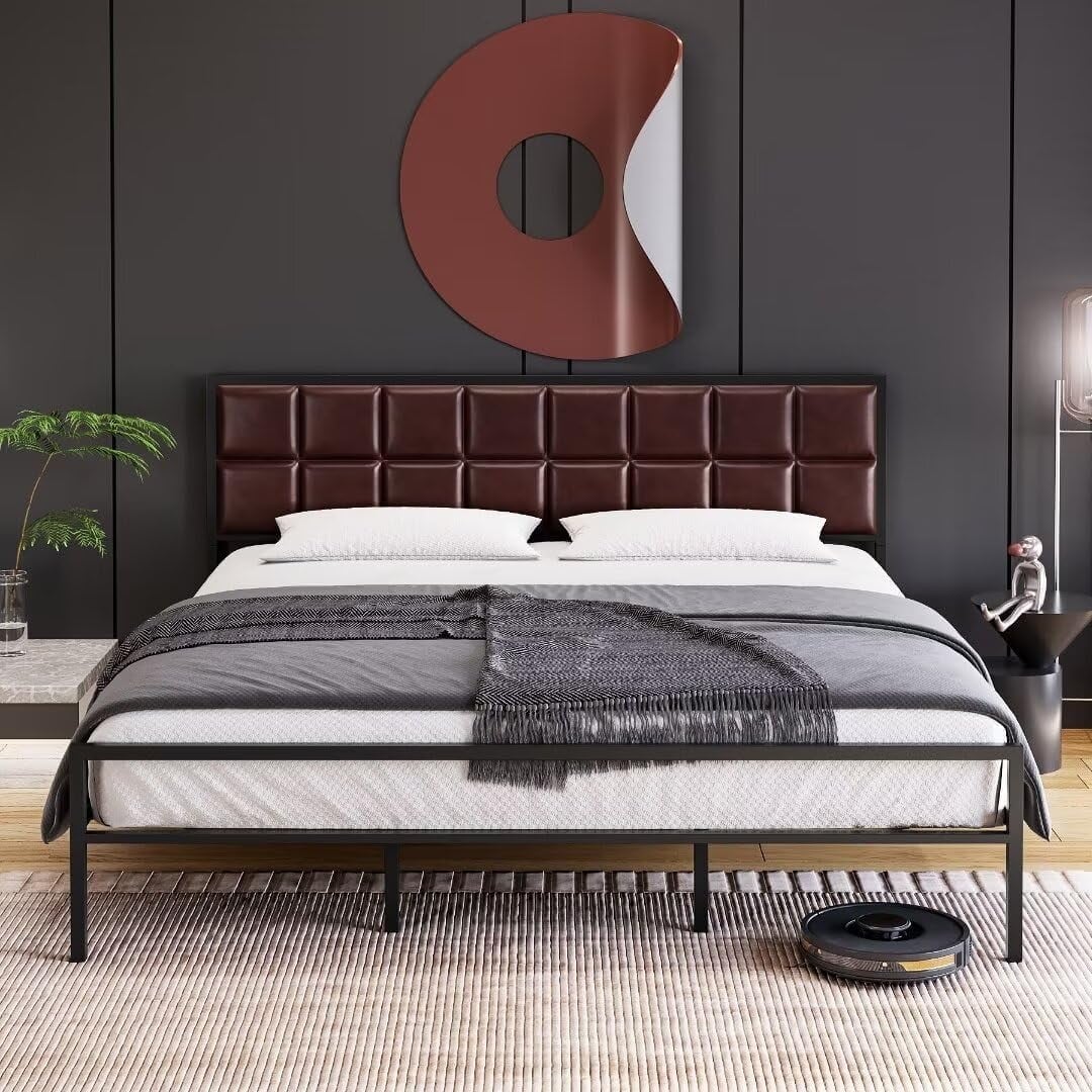 Garvee Queen Size Metal Platform Bed Frame with Faux Leather Headboard - Strong Steel Slat Support  Ample Underbed Storage  No Box Spring Needed  Red Brown