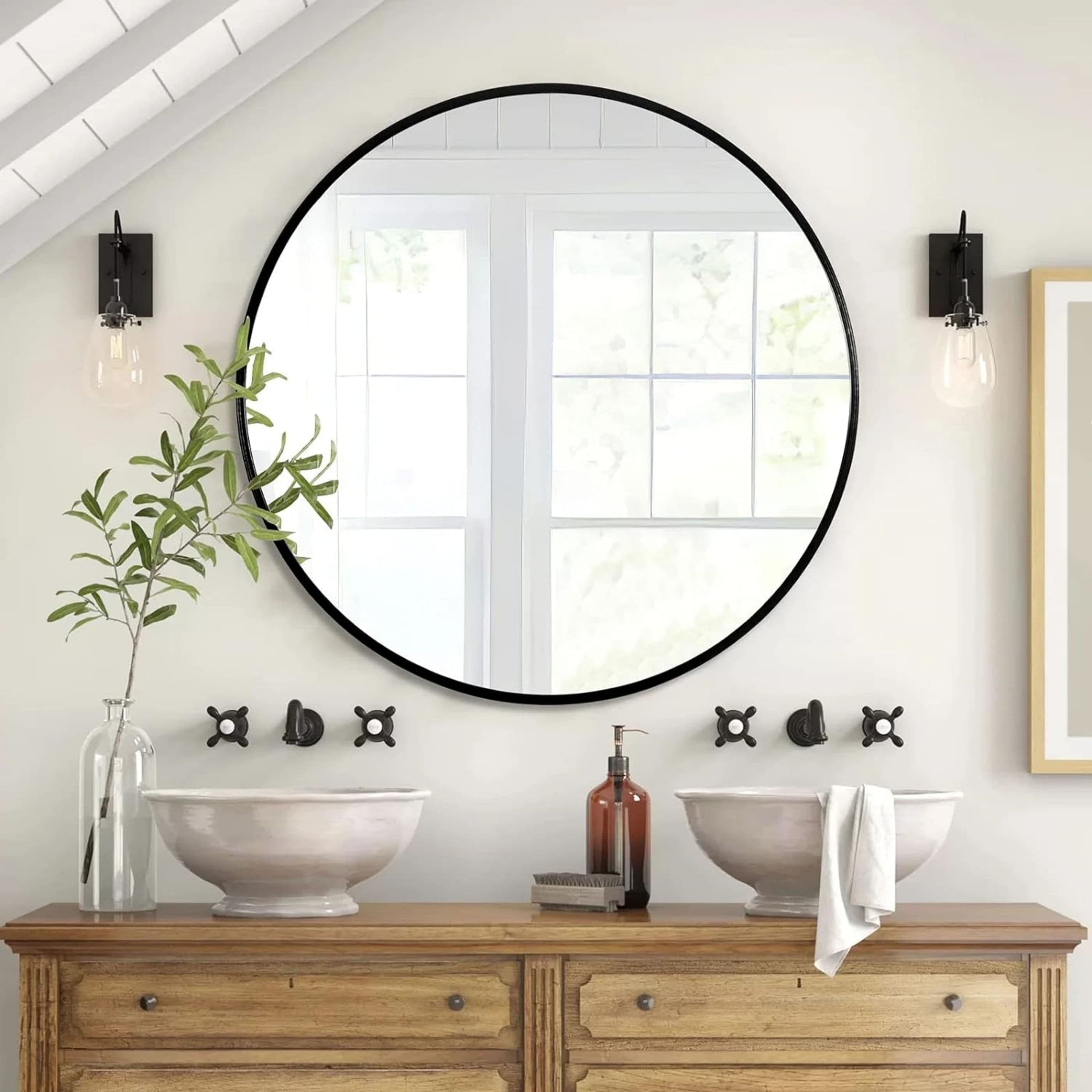 WELLFOR GIZBRX03Q MZ 42-in x 42-in Framed Round Bathroom Vanity Mirror ( Black )