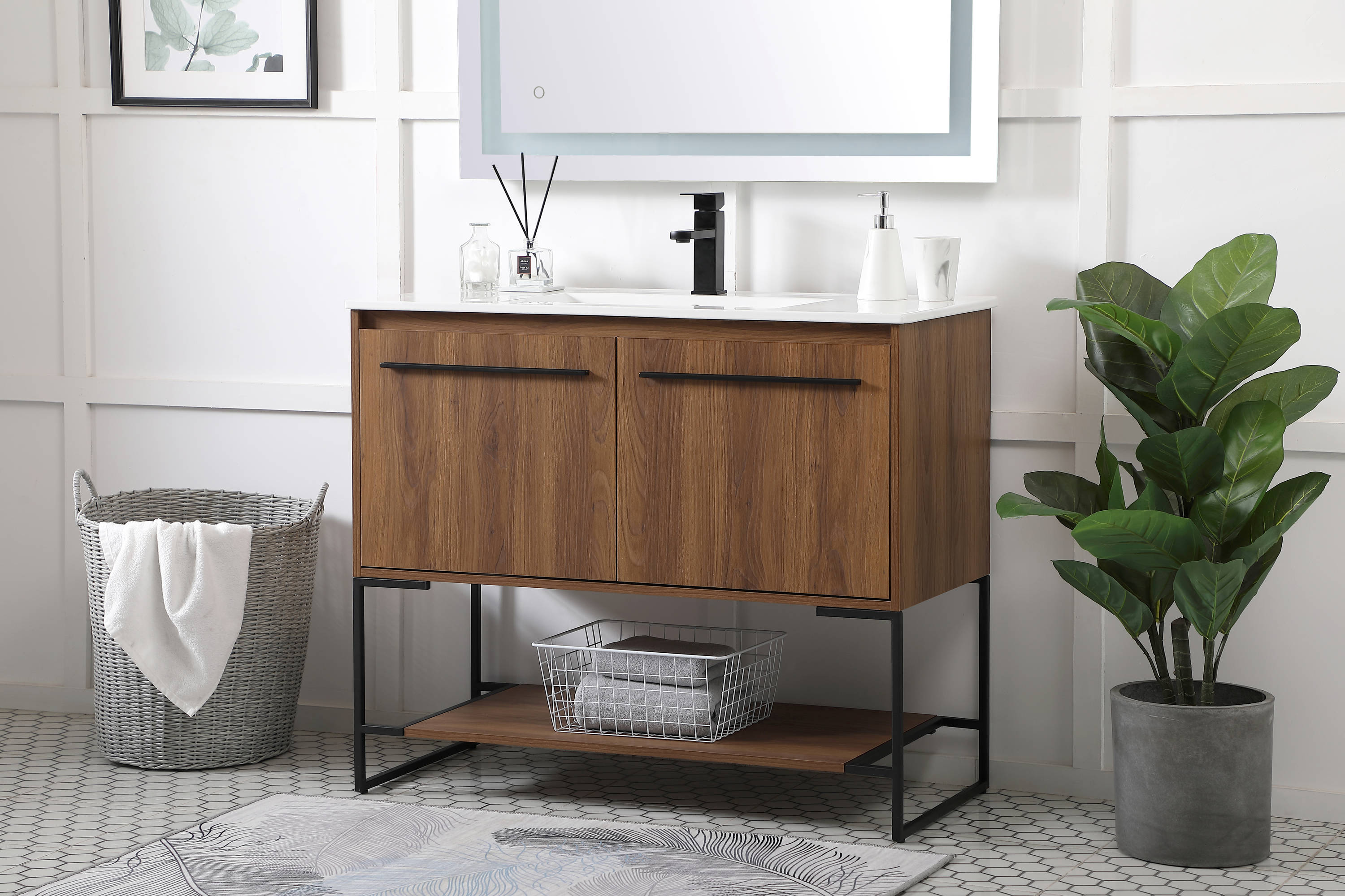 Walnut Brown 40" Single Bathroom Vanity with Porcelain Top