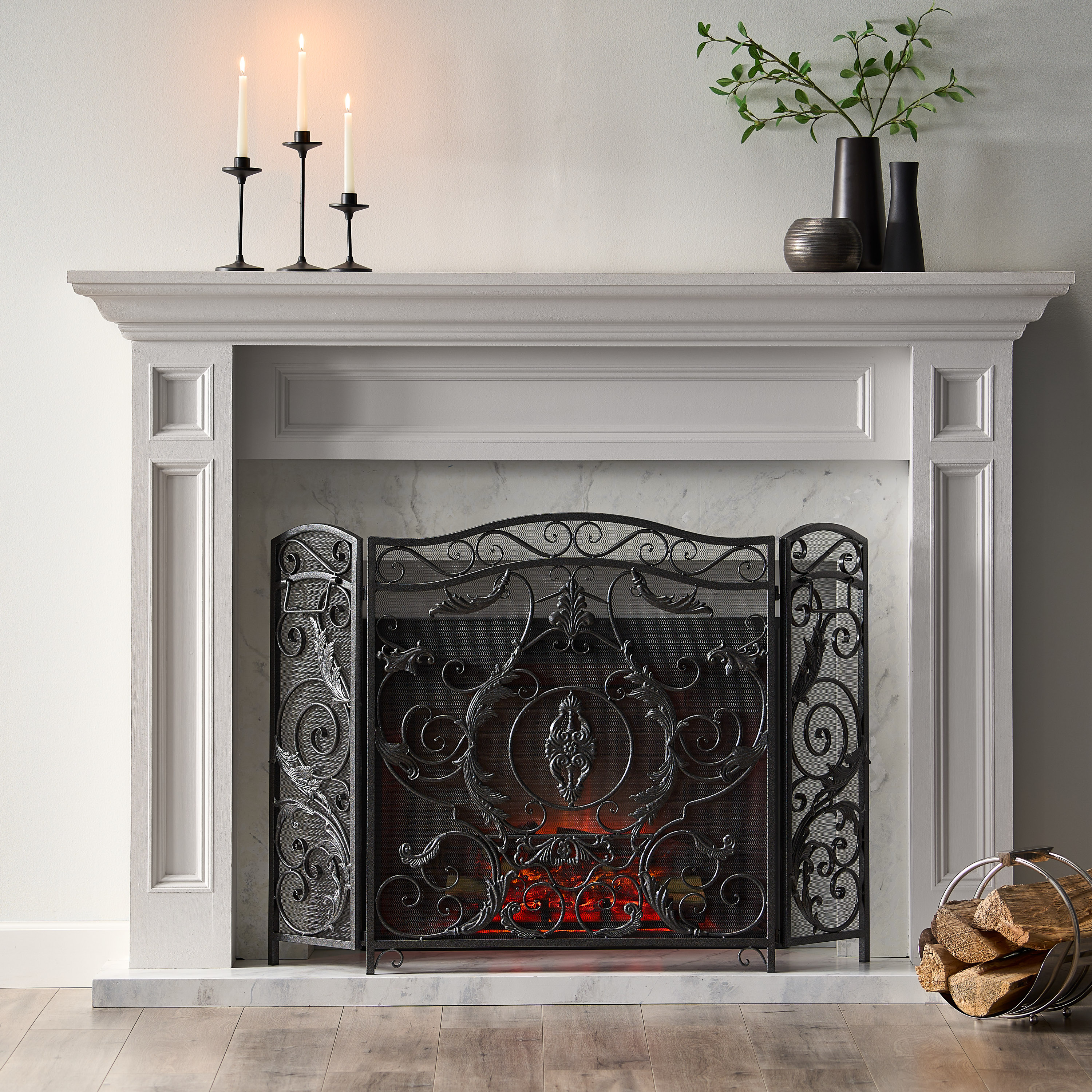 LUXEYARD Mariella Traditional Floral Iron Fireplace Screen with Ornate Design in Black Brushed Silver Finish