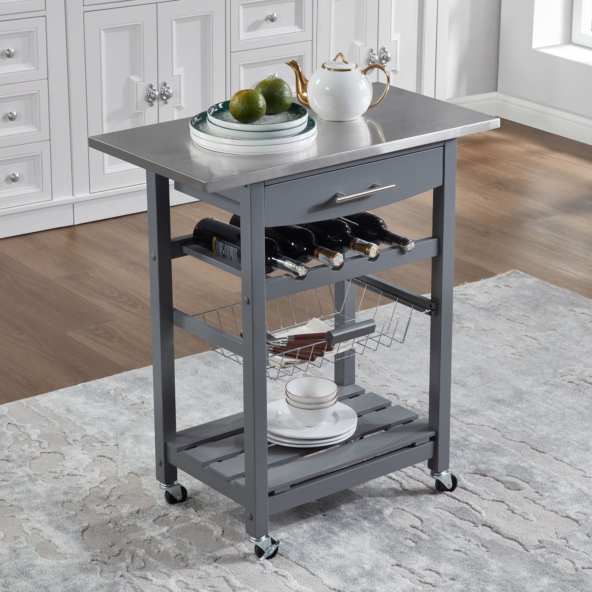 JUSHUA Mobile Rolling Kitchen Island Trolley Serving Cart with Underneath Drawer Slide-Out Wire Storage Basket