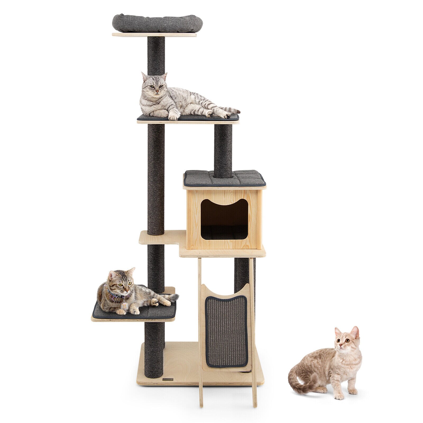 Slickblue D-CO-RG7747SP 69 x 23.5 Gray Wood Cat Tower with Condo and Sisal Scratching Posts Indoor