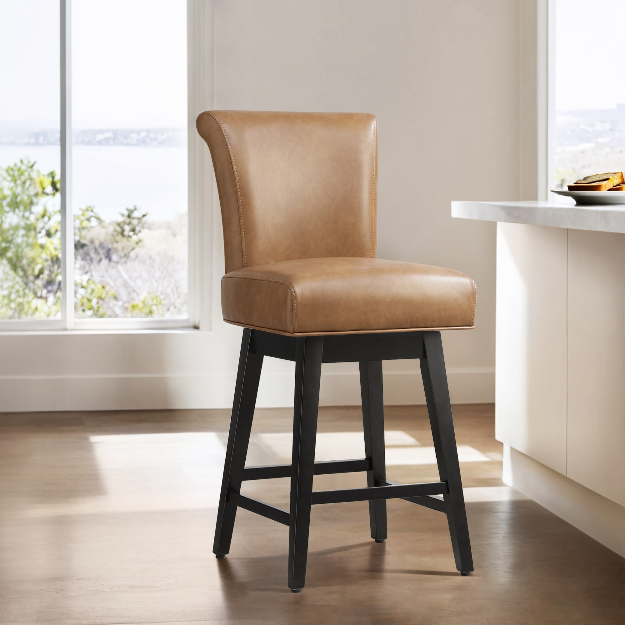 Circle 55 1-LWSY606F-CU6722 Camel 26-in H Counter height Square seat Upholstered Swivel Wood Bar Stool and Back