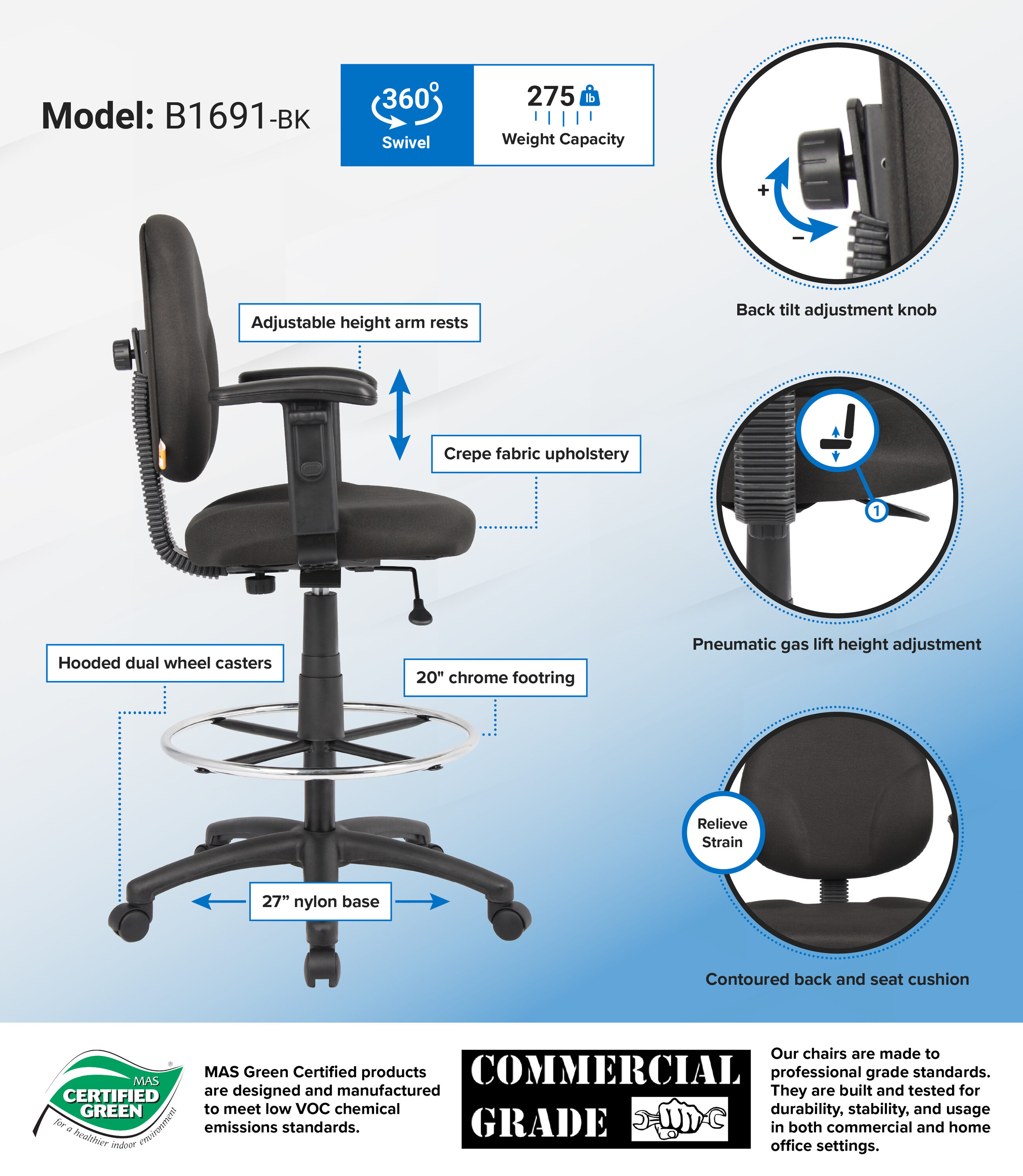 Black Ergonomic Fabric Drafting Stool with Adjustable Arms