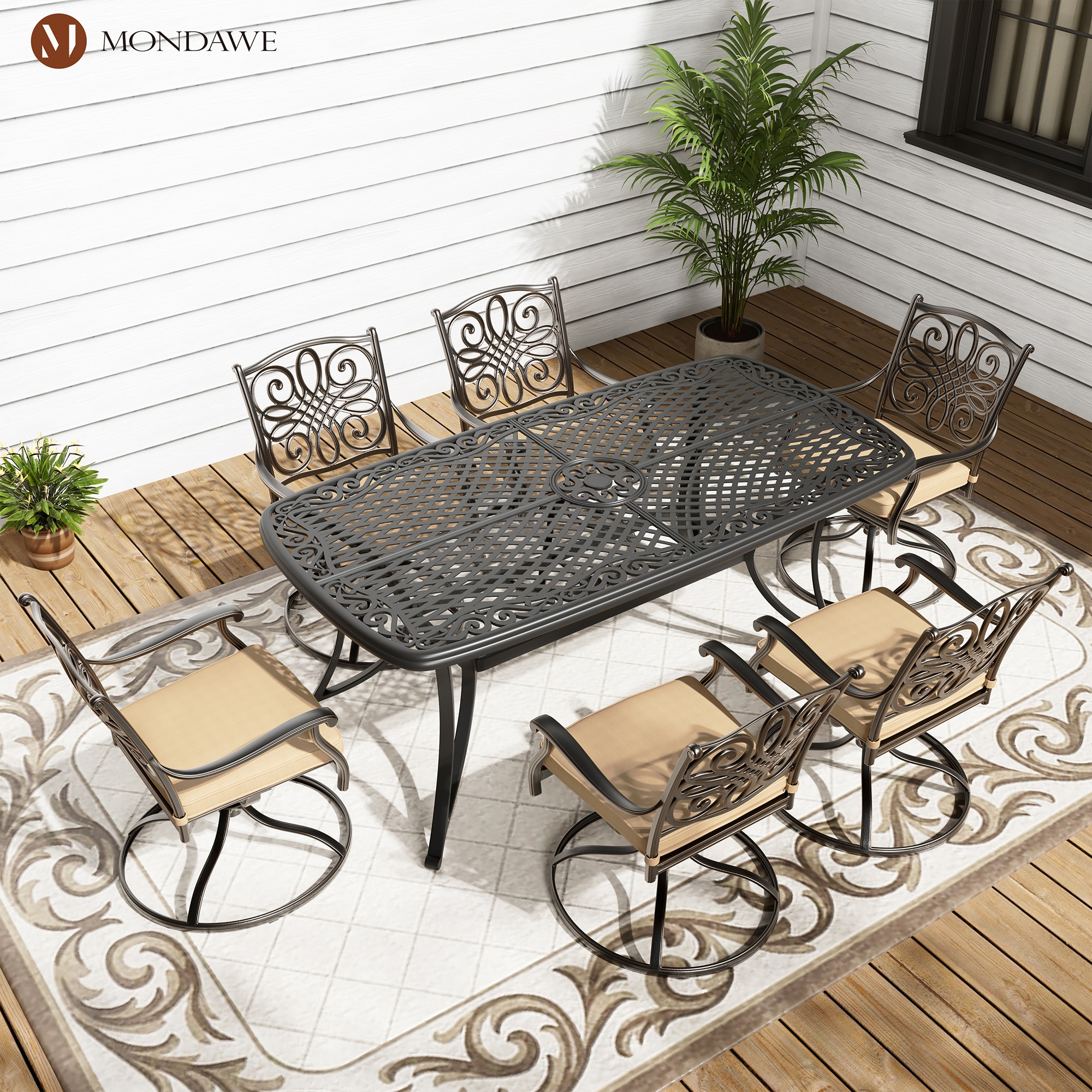 Mondawe MA-FGN70212AAE Aluminum 7 -Piece Bronze Patio Dining Set Aluminum Rectangle Table with 6 Brown Cushions Swivel Rocker Chairs