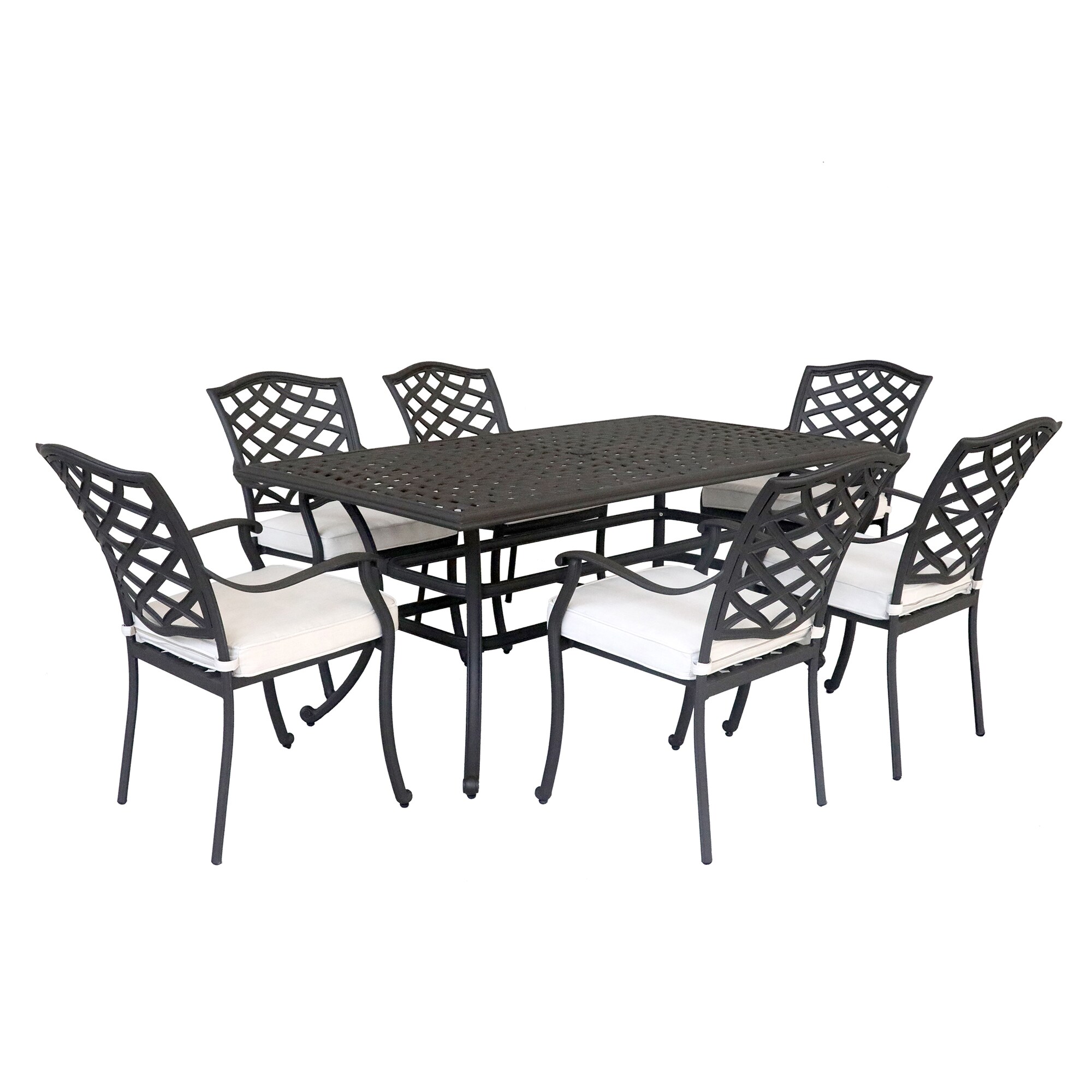 Mondawe MA-GCS162 7-Piece Bronze Patio Dining Set Aluminum Rectangle Table with 6 Off-white Cushions Stationary Chairs