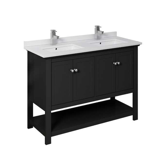 Double Sink Bathroom Vanity, Black Vanity With White Quartz Top