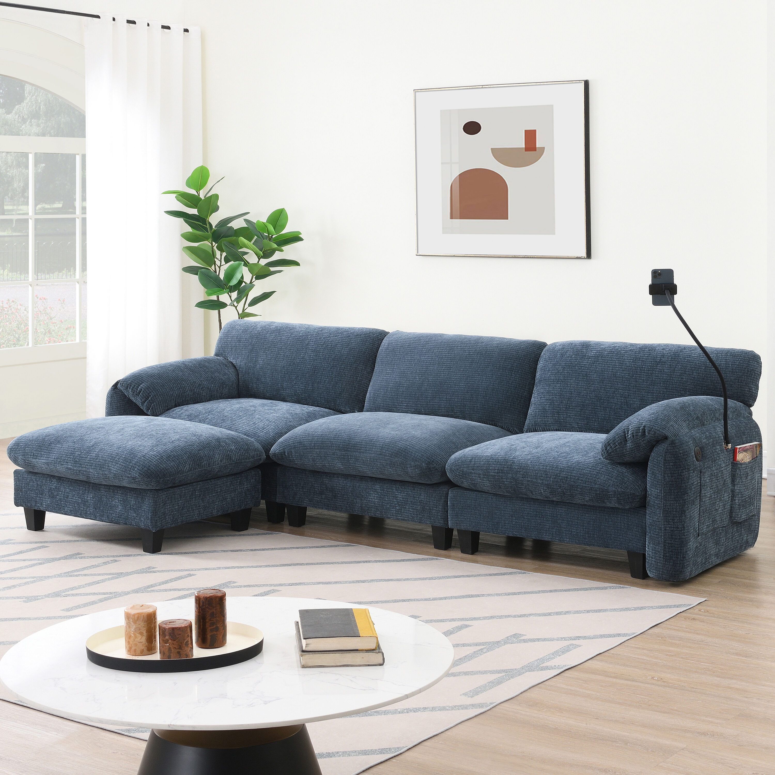 ModernLuxe N723S7039C Modular Sectional Sofa LShape with 31.5 ExtraWide Seat Cushion USB and TypeC Charger Phone Holder and 2 Side Storage Pockets Free Movement Ottoman Striped Chenille
