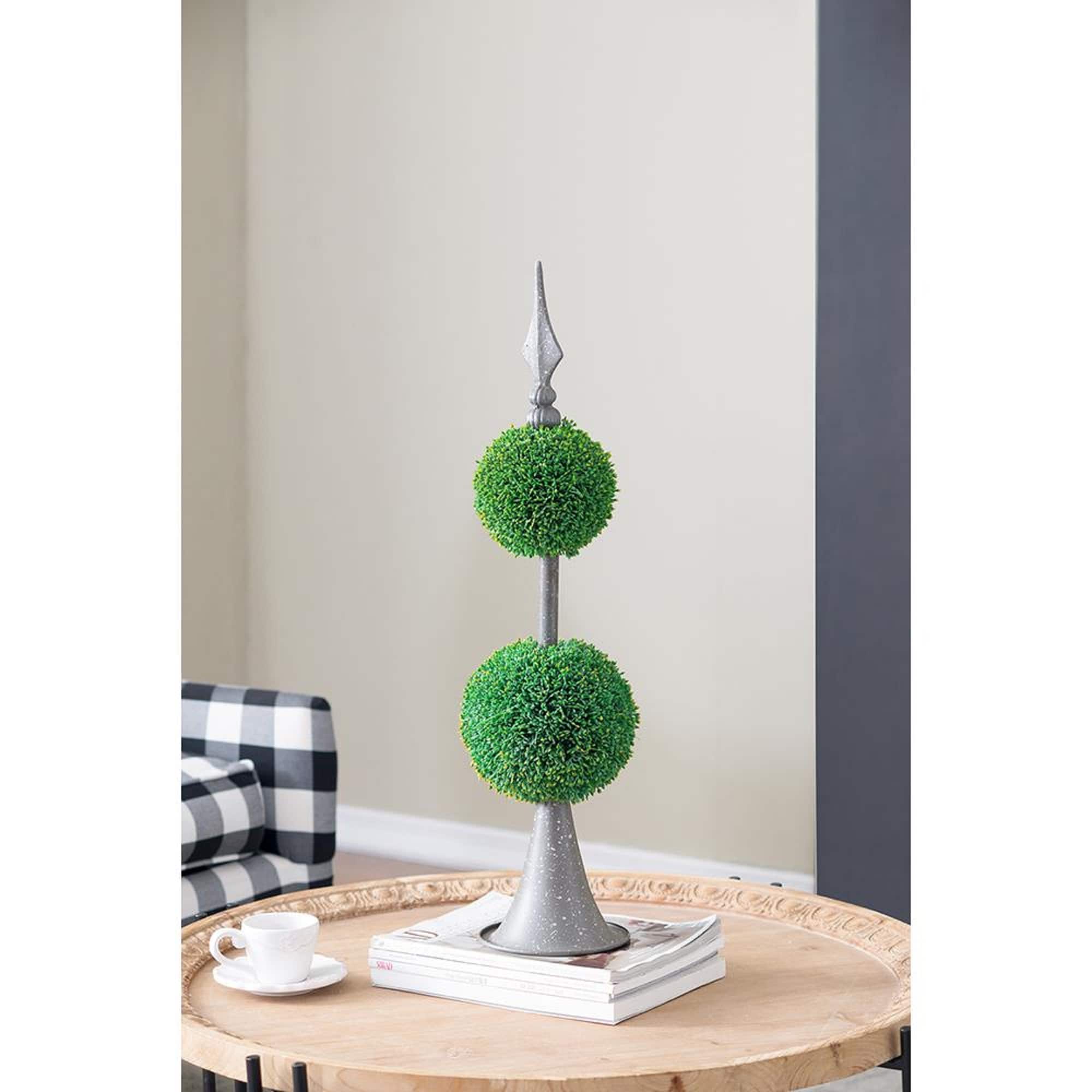 Antique Bronze and Green Faux Boxwood Double Sphere Topiary