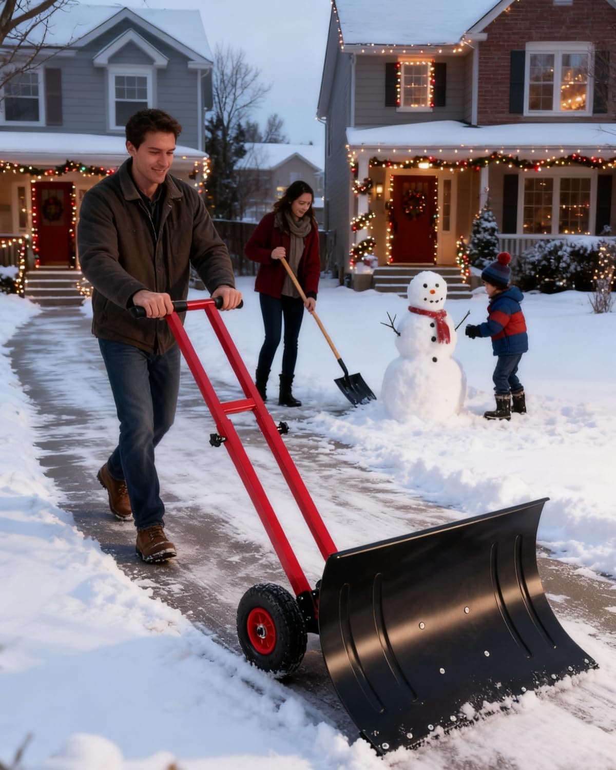 Garvee - Wheeled Snow Shovel 29inx14in Double-Rod Metal Snow Pusher Plow with 5-Angle Blade Adjus...