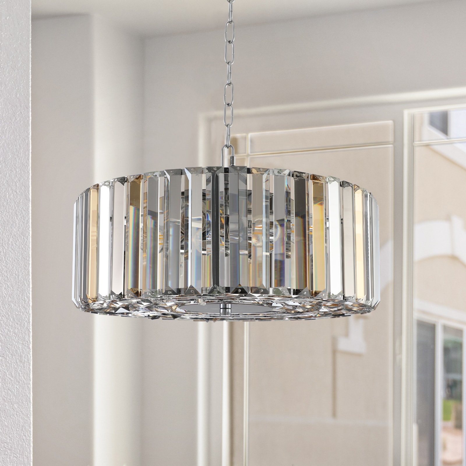 DORESshop 17 Inch Chrome Crystal Pendant Chandelier Modern Hanging Light Fixture with Adjustable Height 4 Light E26 Base