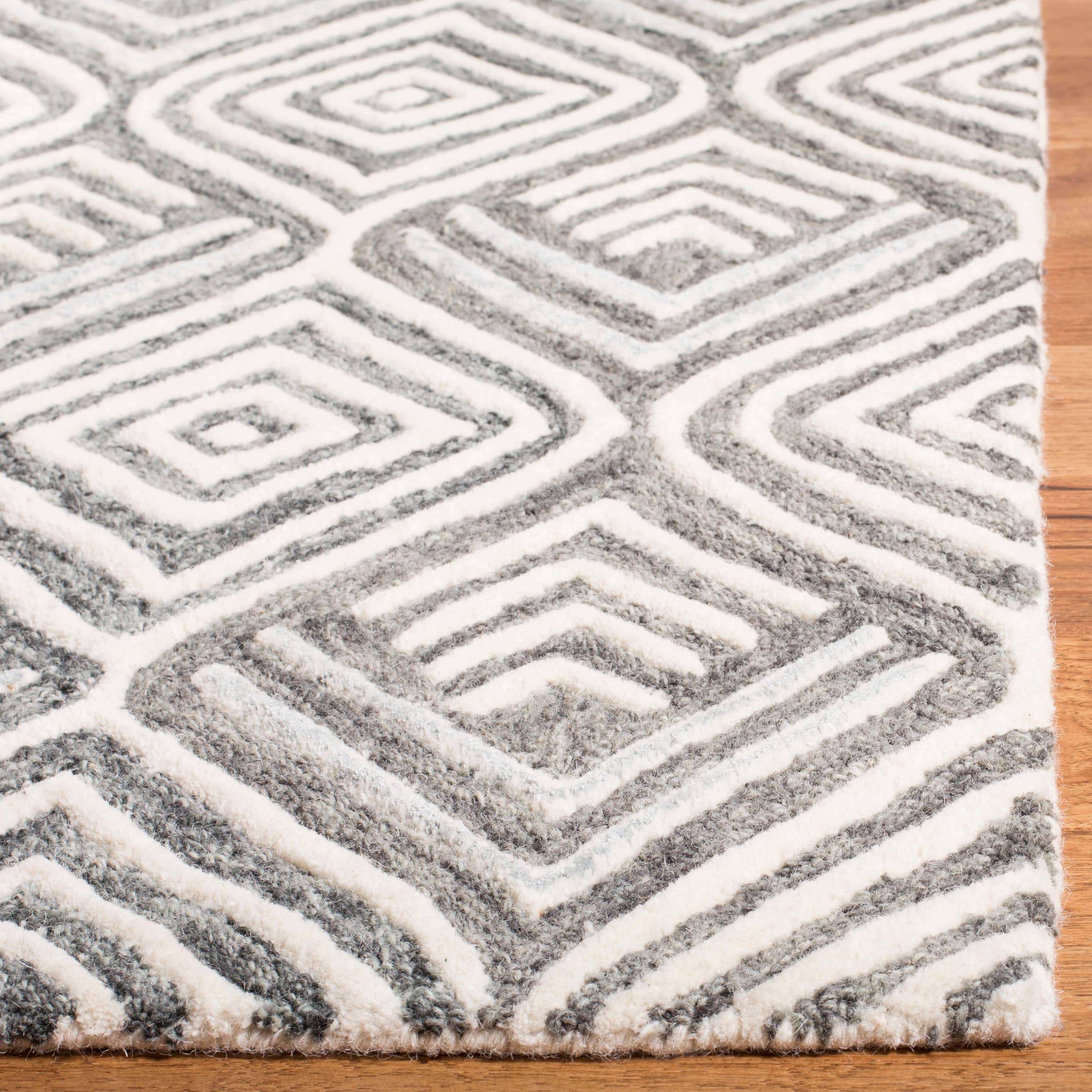 Elegant Ivory & Grey Floral Tufted Wool Square Rug - 6'x6'