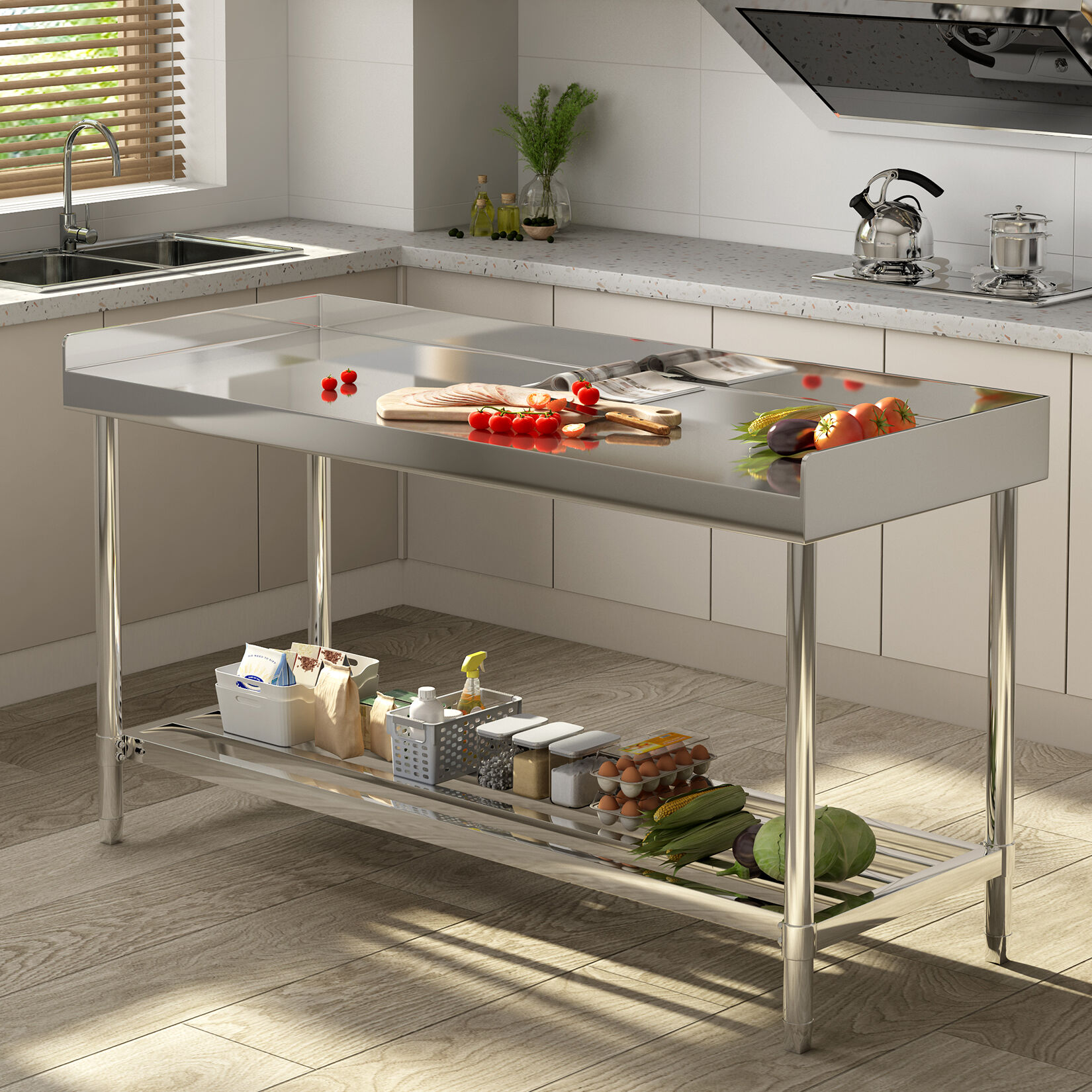 IdealHouse Heavy Duty Stainless Steel Work Table Commercial Office Desk With Backsplash Adjustable Undershelf Three Side Baffle Easy to Clean Ideal for Restaurant Kitchen Hotel Size 48x24 inch