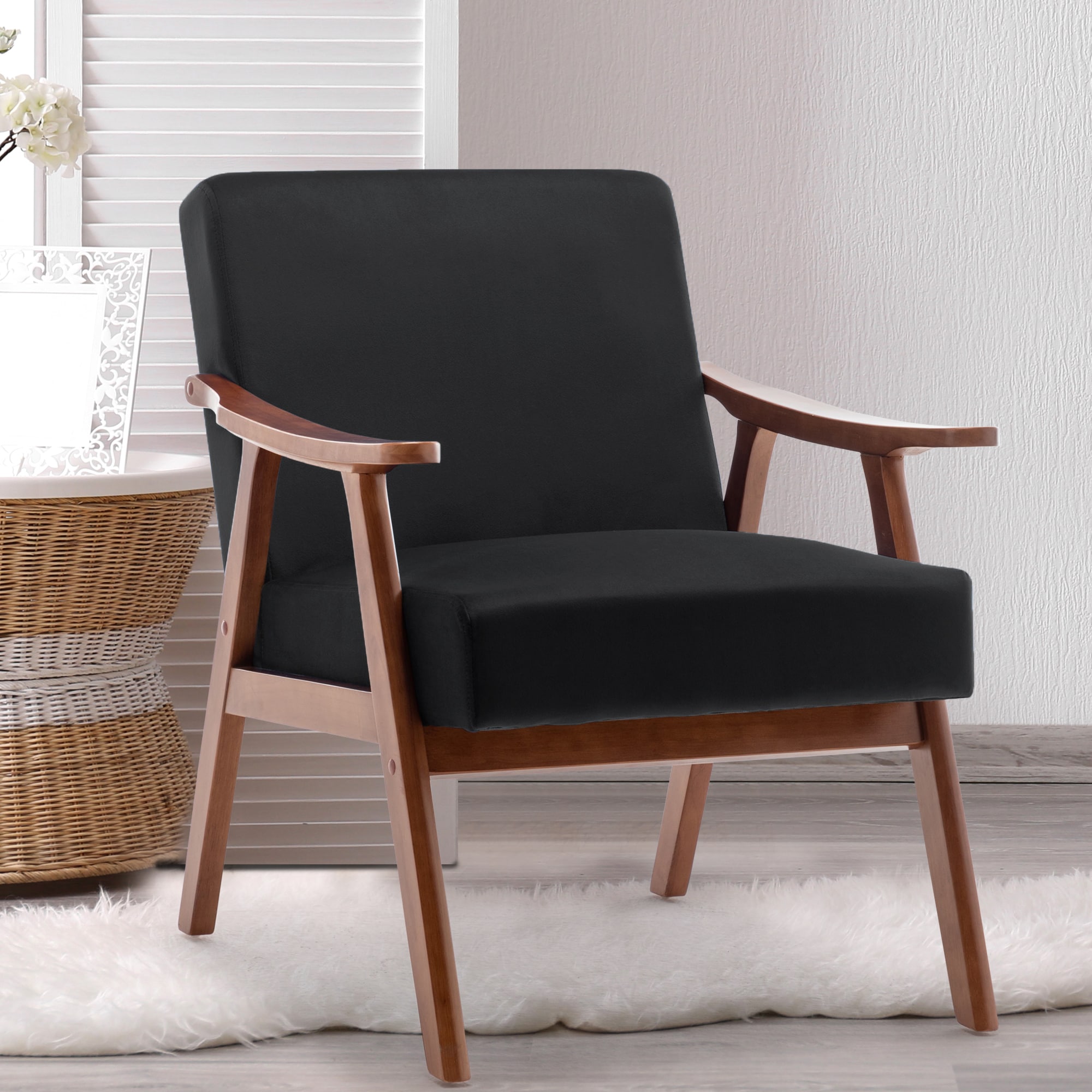 GDFStudio Ames 26-inch Mid-Century Modern Solid Rubberwood Accent Chair with Ergonomic Support and Plush Velvet Upholstery Extra-Thick Backrest - Black