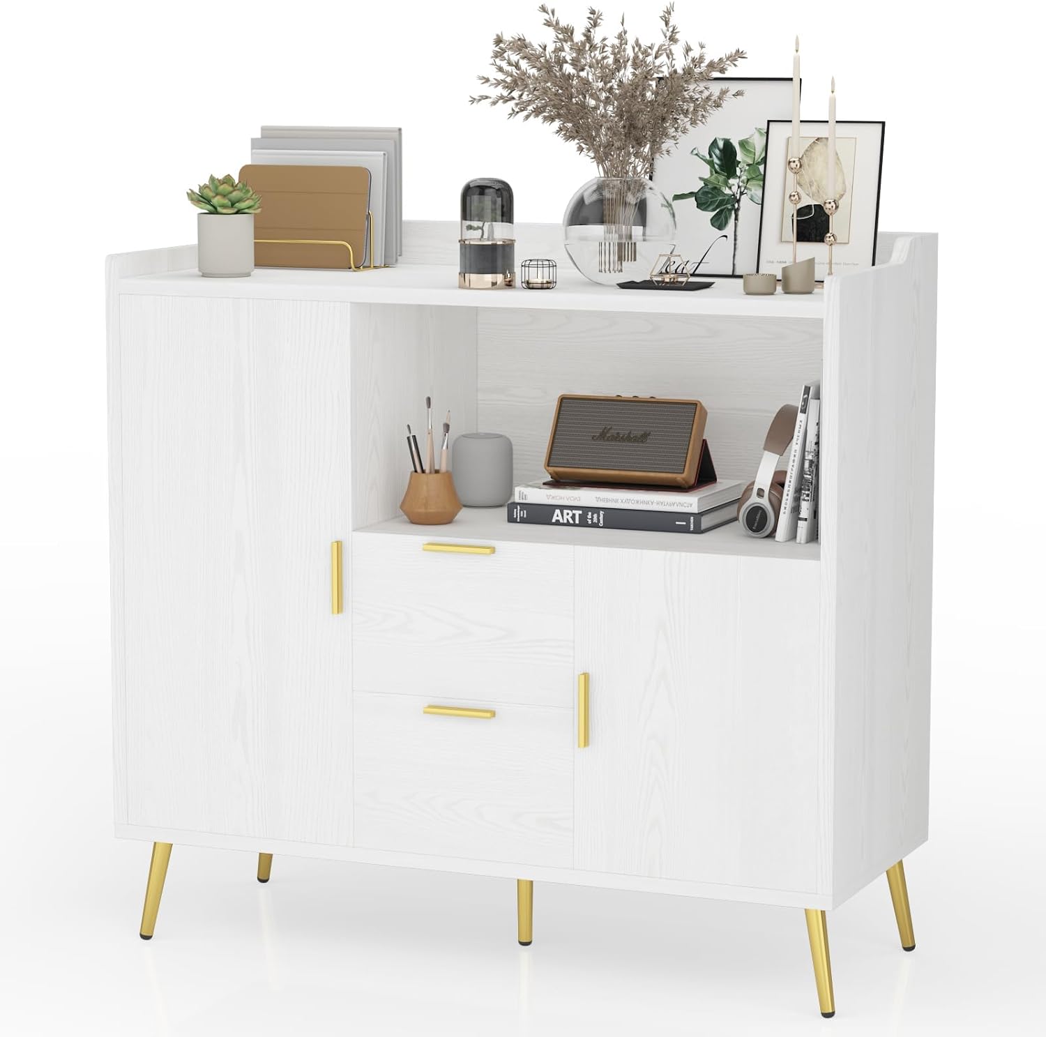 Garvee Particle Board 2 Drawer 2 Door Storage Cabinet White Living Room Kitchen Apartment