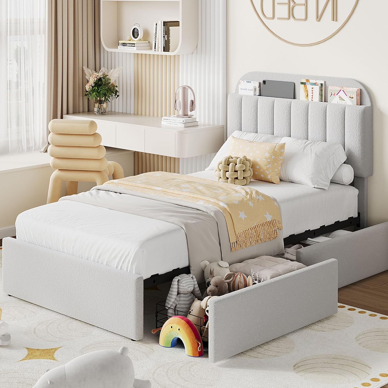 Qeetex YJCJ-PHO-34A3F3UA Twin Size Bed Frame for Kids with Storage Drawers and Bookcase Headboard Boucle Platform Bed Noise Free No Box Spring Needed Grey