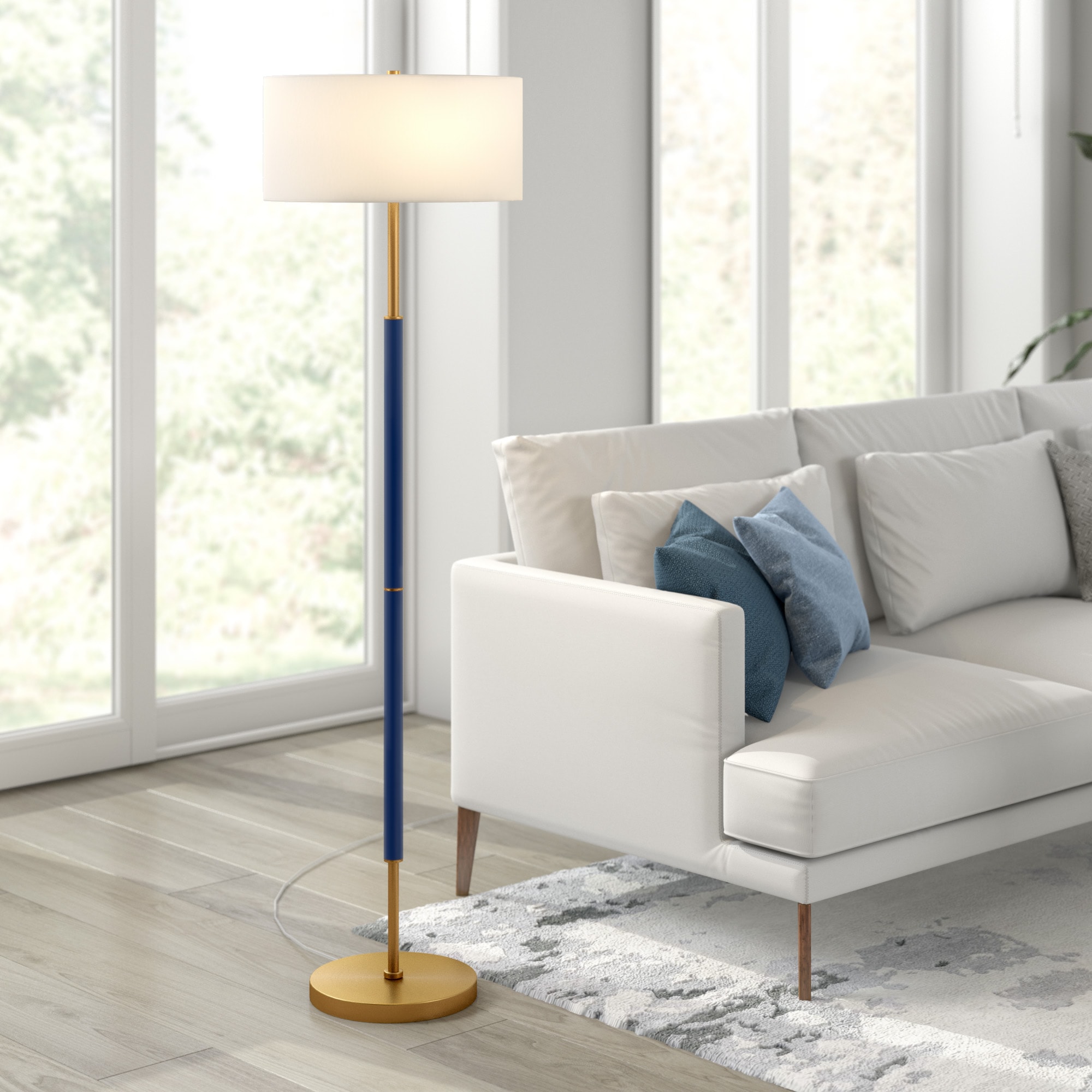 Simone 61.5" Blue and Brass Metal Floor Lamp with Linen Shade