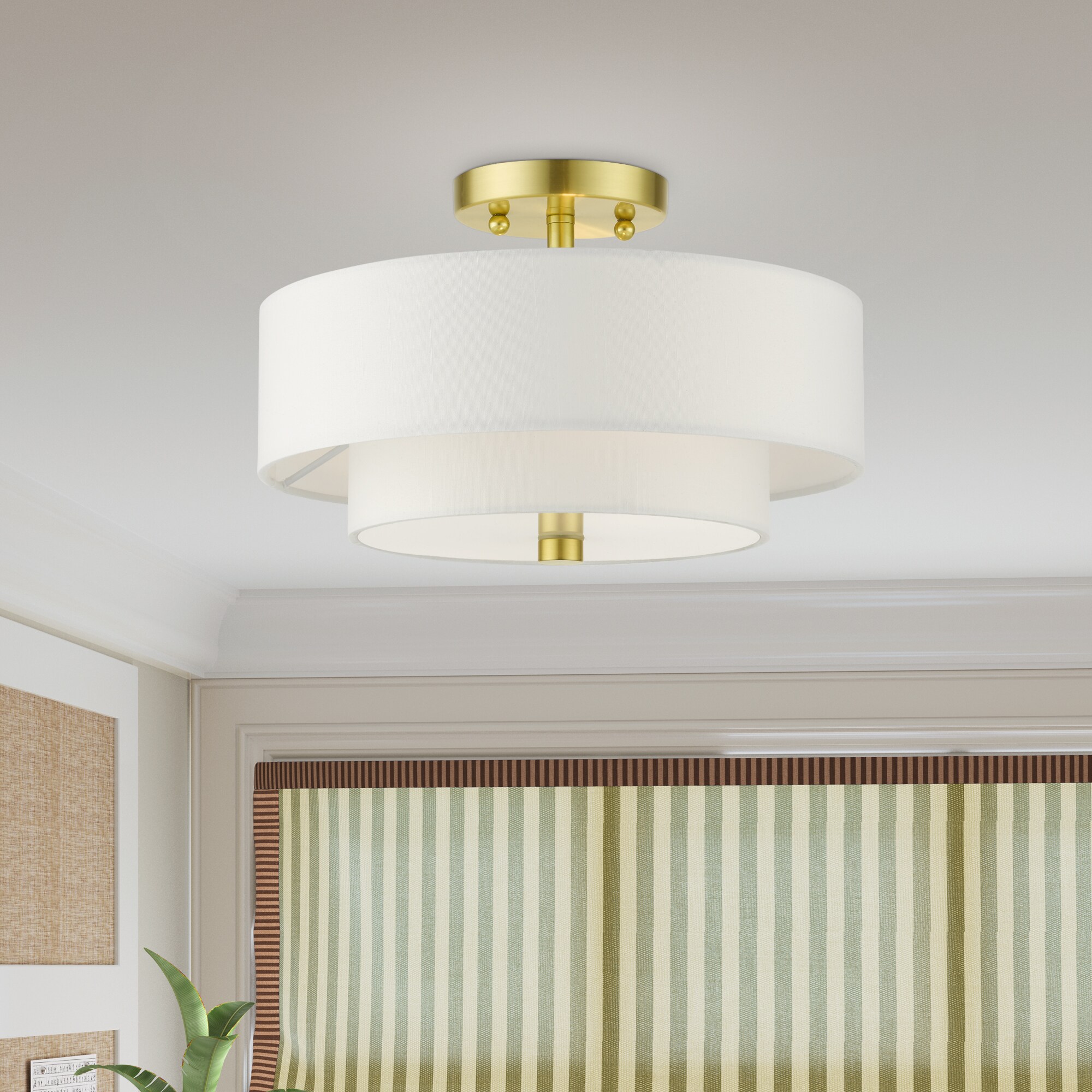 Satin Brass Glass Drum 2-Light Semi-Flush Mount