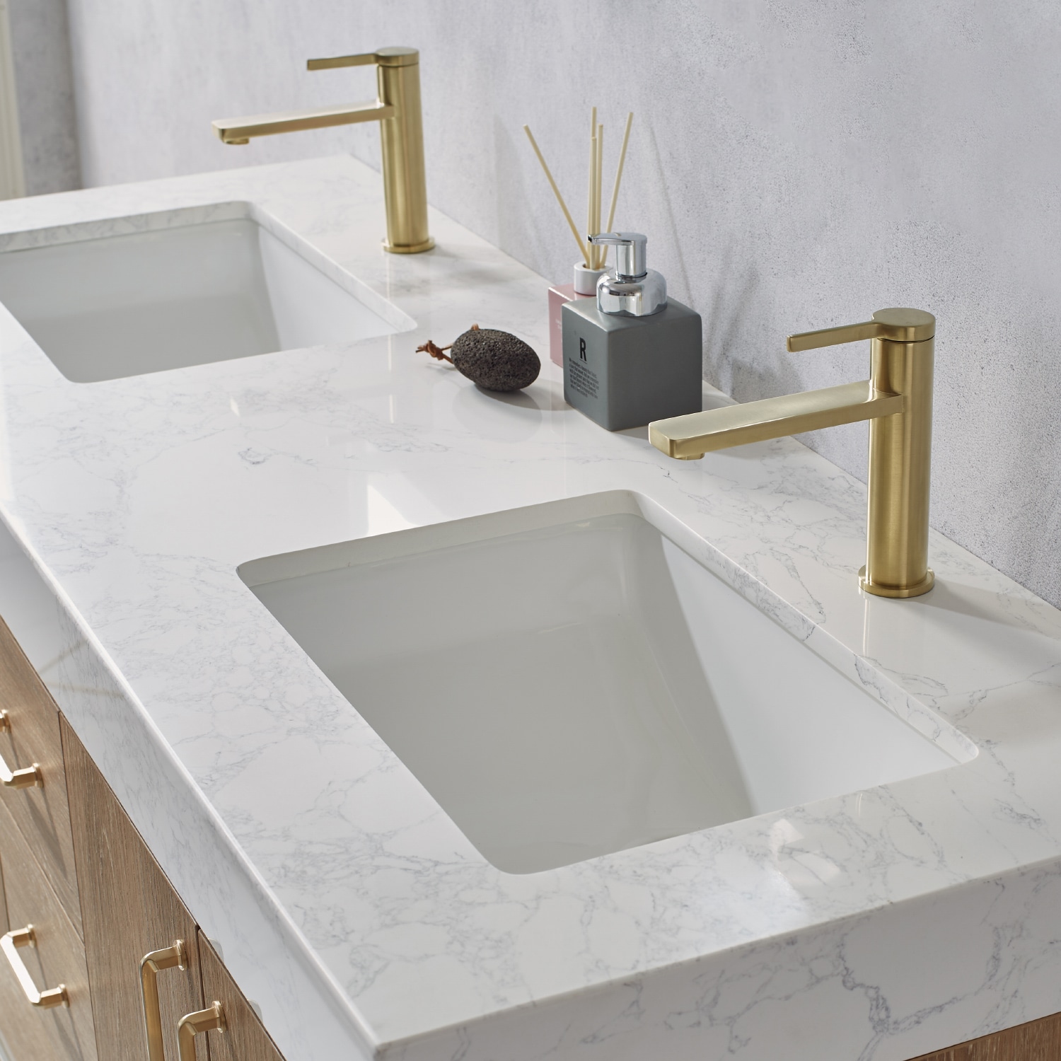 Alistair 60" Oak Double Vanity with White Stone Top and Brushed Gold Trim