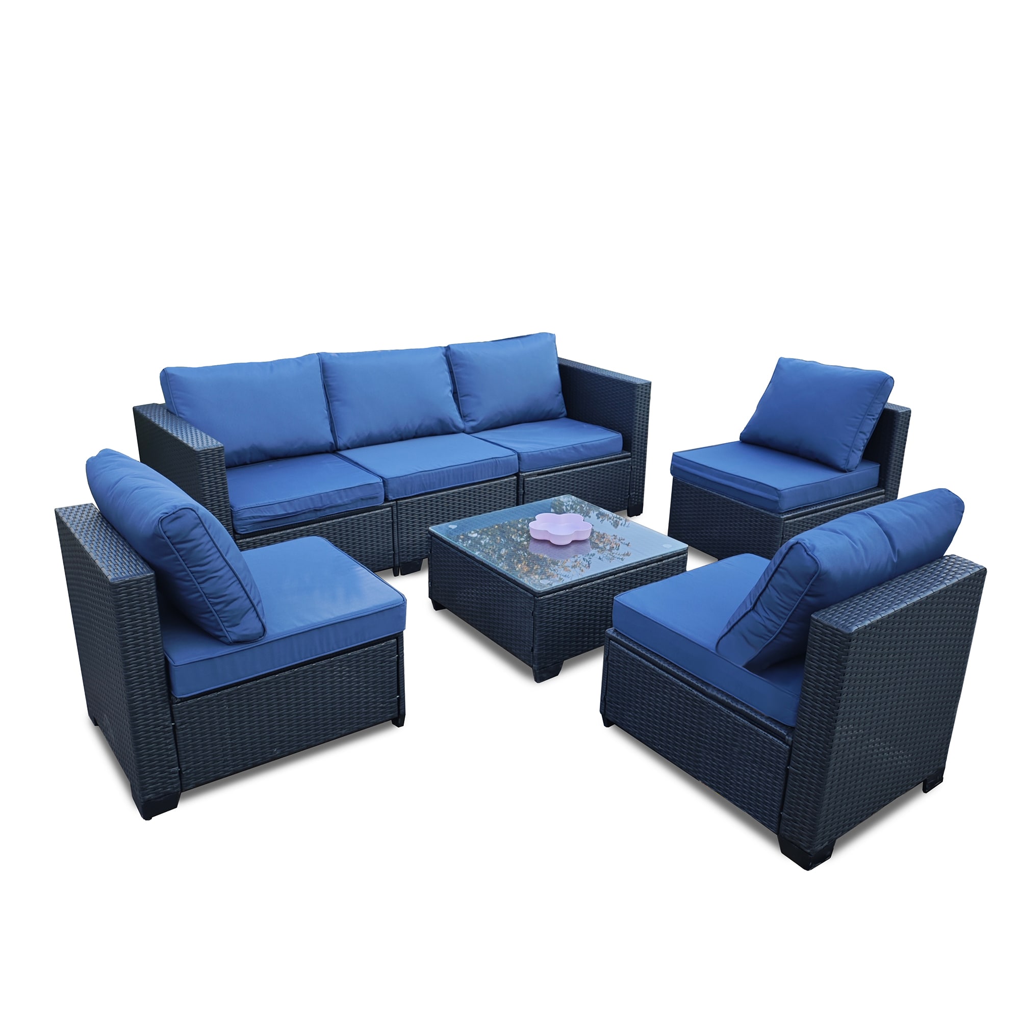 SINOFURN SYA010491GY Wicker Outdoor Sectional with Blue Cushions and Iron Frame