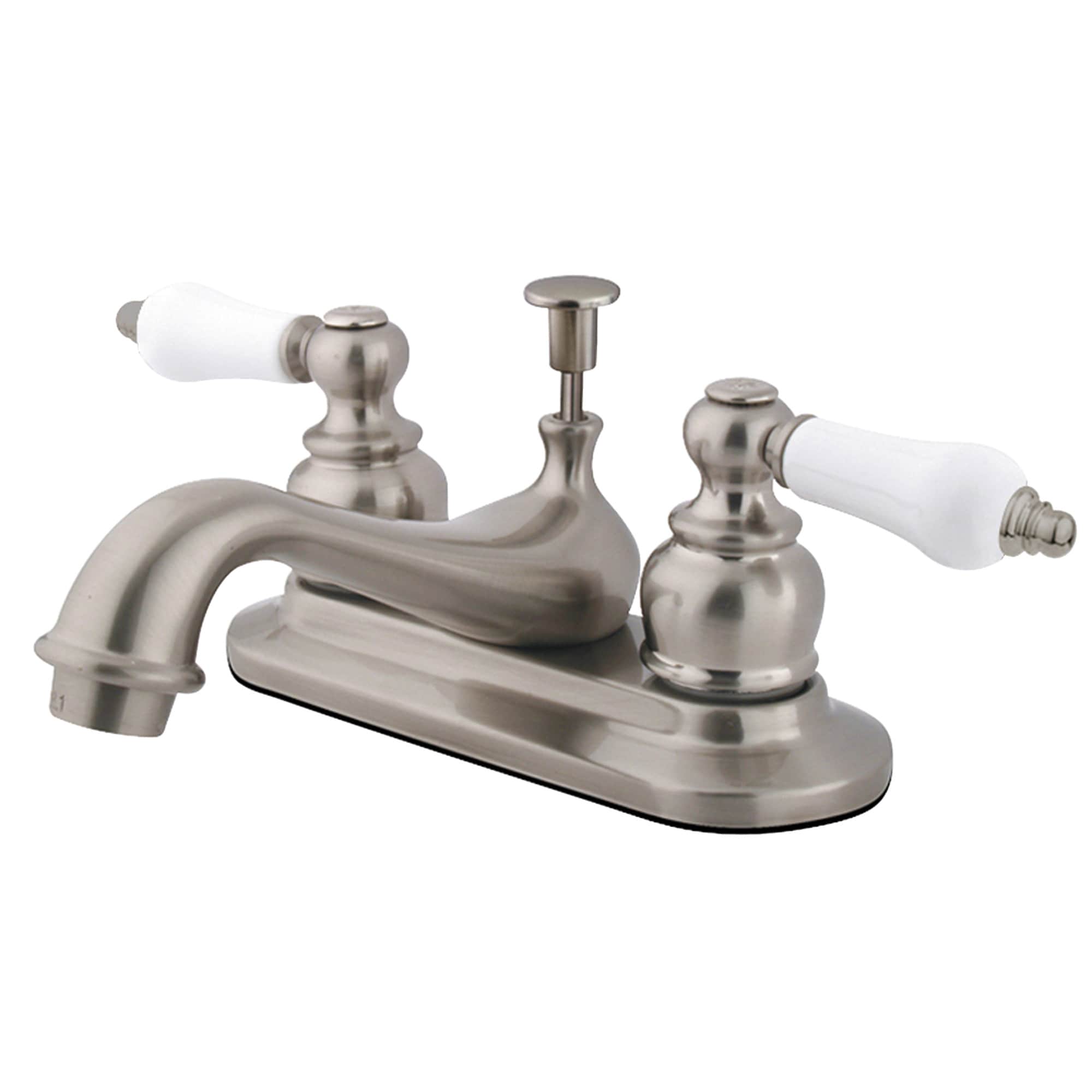 Kingston Brass WLKB608PL Vintage Brushed nickel 4-in centerset 2-handle Low-arc Residential Handle Bathroom Sink Faucet with Drain