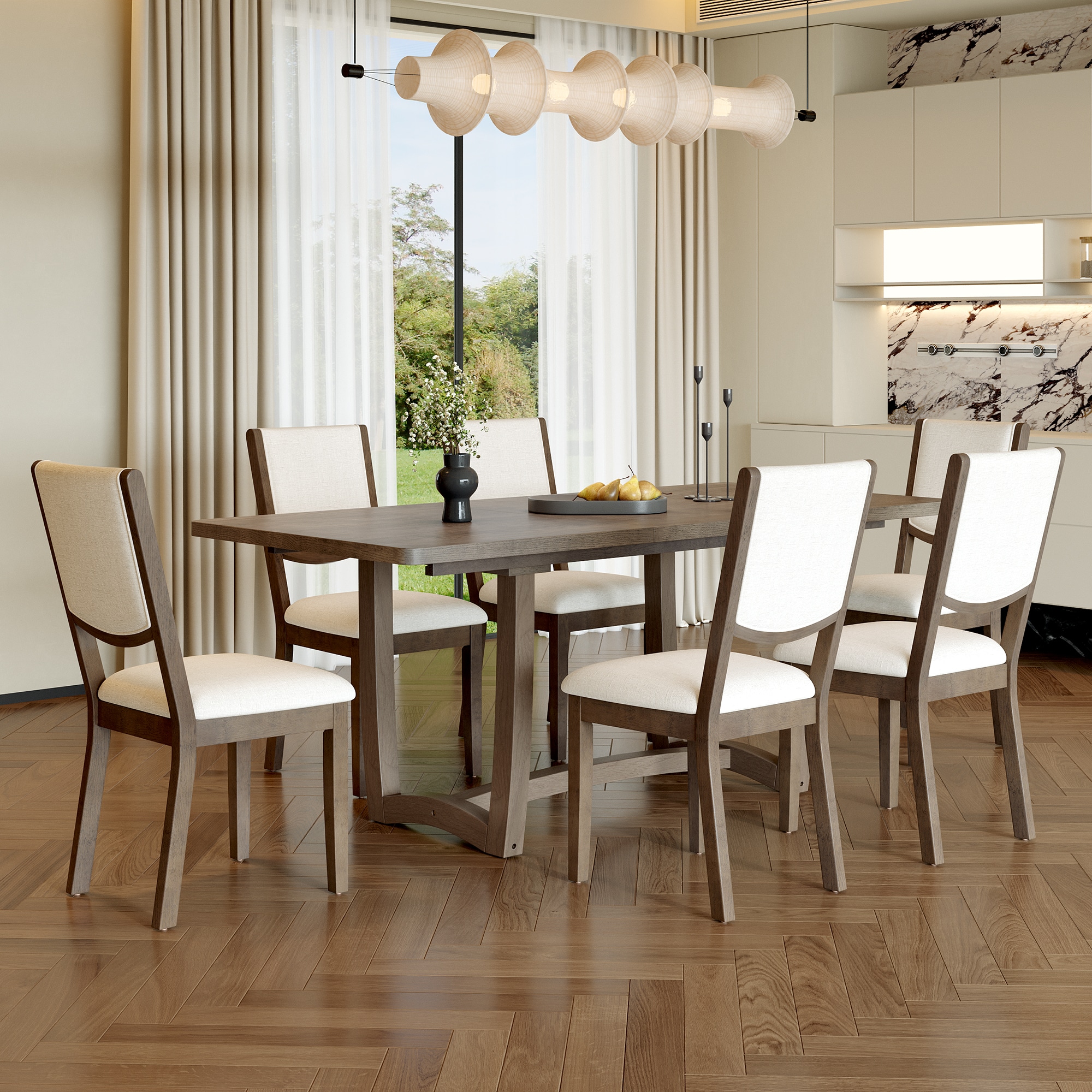 Clihome - 7-Piece Extendable Dining Table Set for 6 Brown Contemporary/Modern Dining Room Set wit...