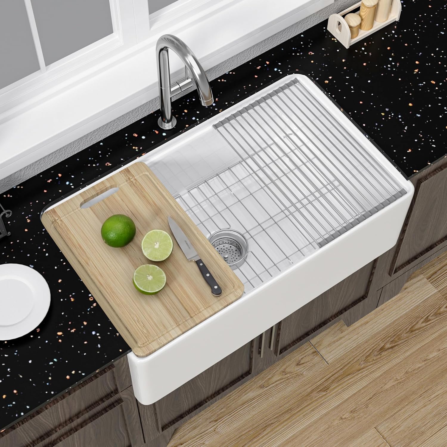 Miuara  Fireclay Apron Front Farmhouse Workstation Sink 31-in x 18-in x 10-in Single Bowl Kitchen Sink White for Kitchen