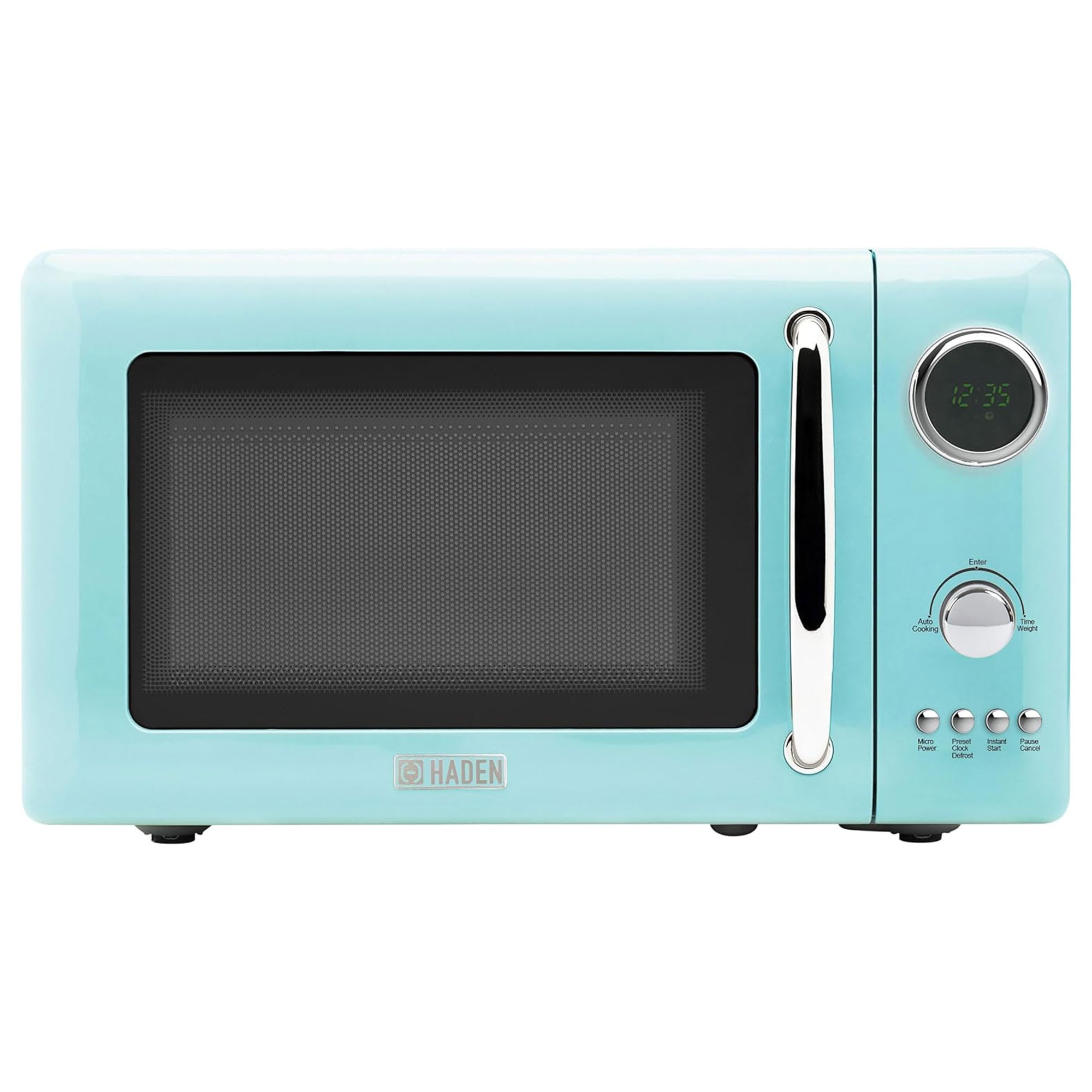 Haden 700 Watt Foot Microwave Oven with Digital Controls Defrost and Instant Start Countertop Small Appliance Turquoise Chrome #407020