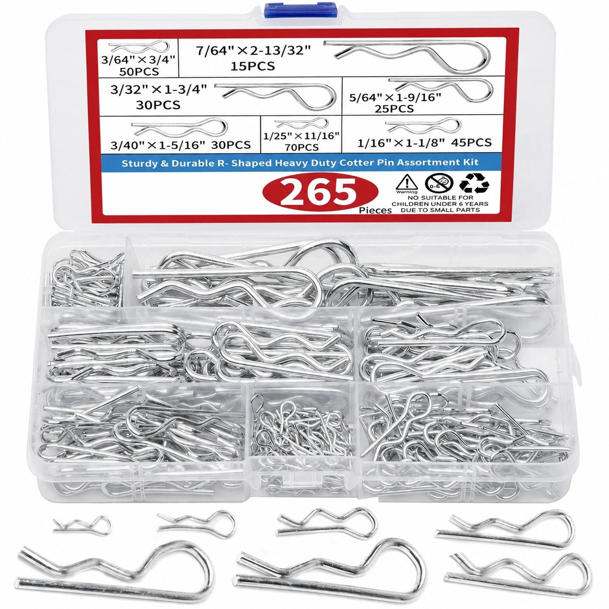 KHKFY  265 Piece R Shaped Spring Cotter Pins Fastener Assortment Kit 7 Sizes Metal Heavy Duty Zinc Plated Steel Hair Pin Set for Automotive Marine
