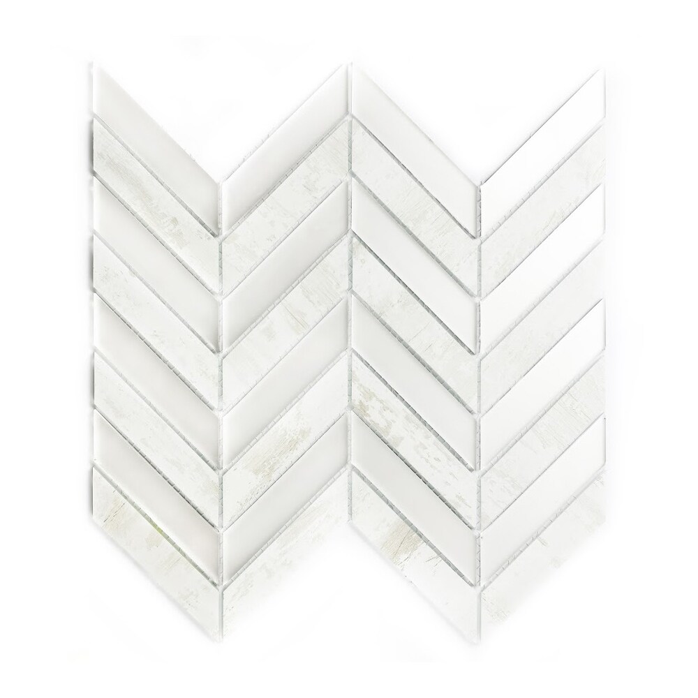 Abolos LWSMSCHEB-BW-SAMP (Sample) Musico Birchwood White/Matte 12-in x 12-in Matte Glass Herringbone Mosaic Thinset Mortar Wall Tile