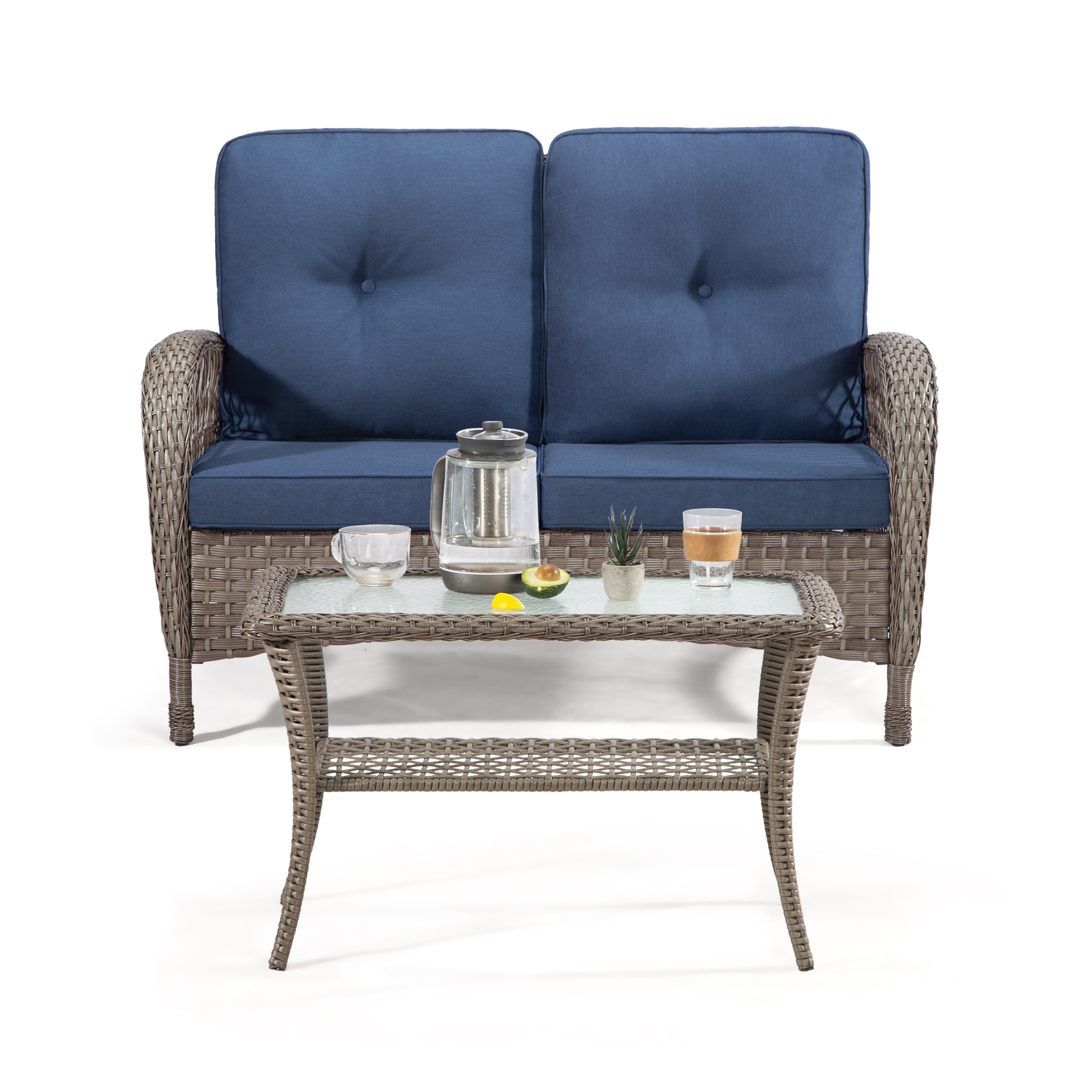 CESICIA SZ-LS-F23 Patio Chairs Wicker Blue Steel Frame Stationary Conversation Chair with Blue Cushioned Seat