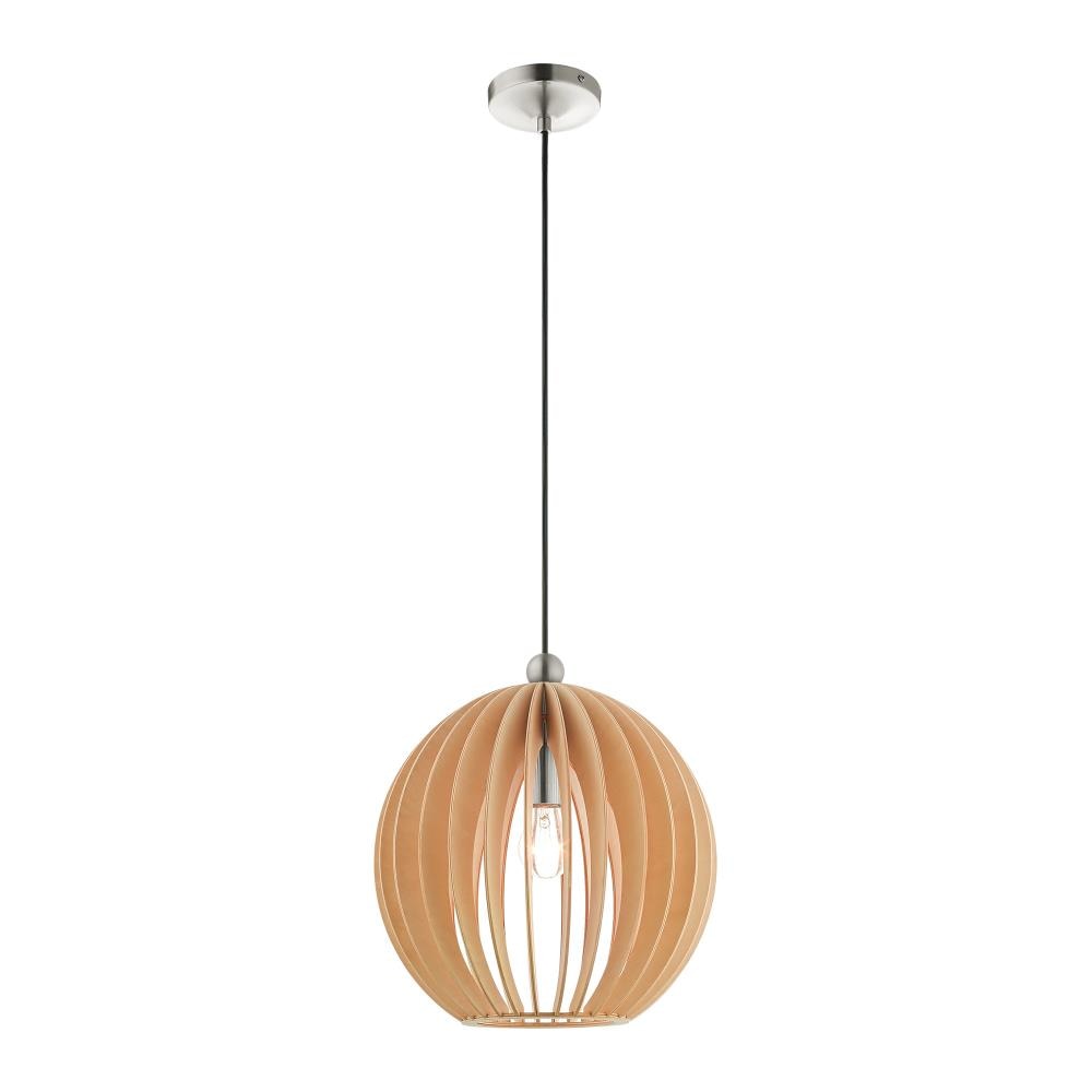 Mini Globe Brushed Nickel Pendant with Round Wood Shade