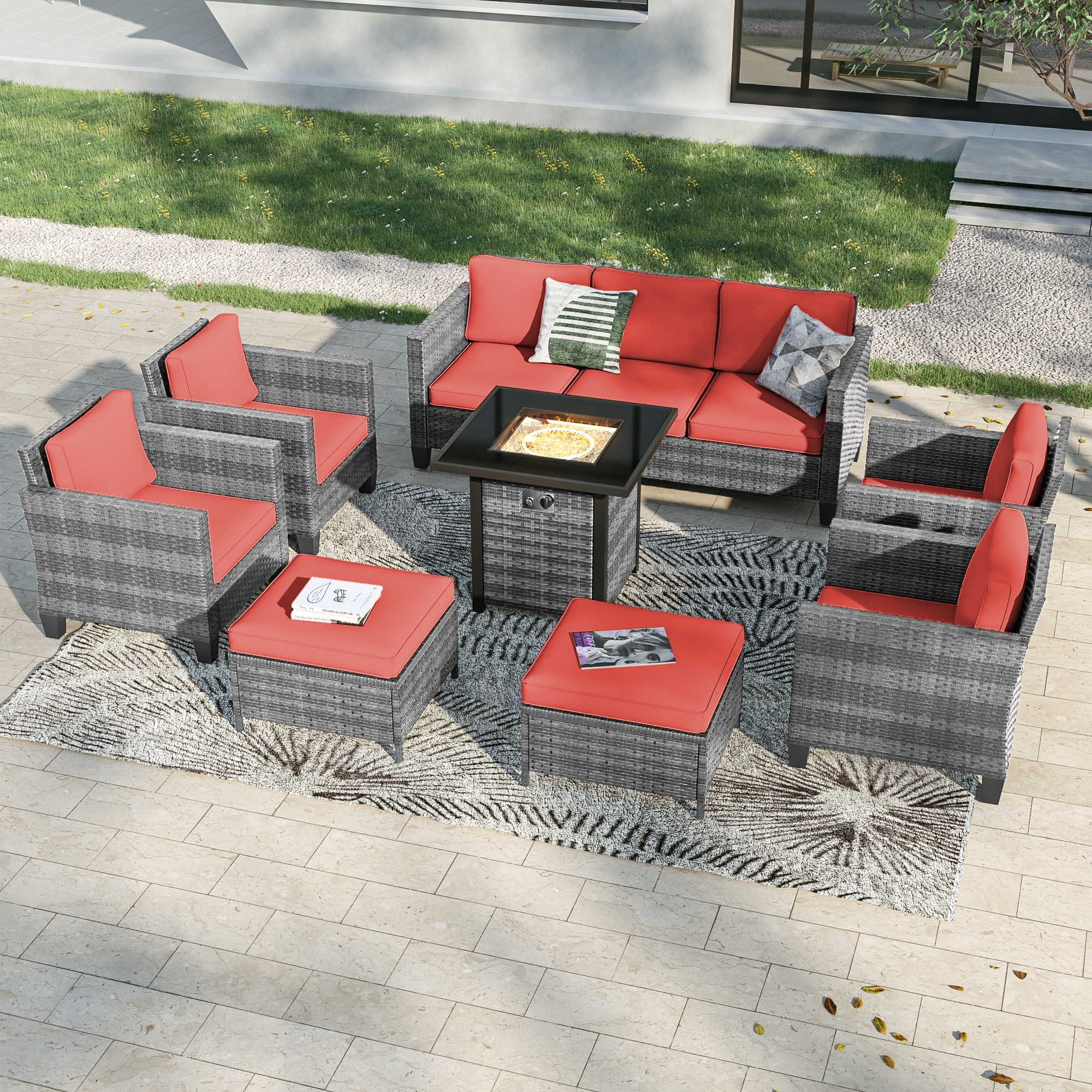 Sonkuki SD-PS-115HOG-S2T4 Patio Conversation Set 8 -Piece Wicker Patio Sofa Conversation Set with Red Cushions