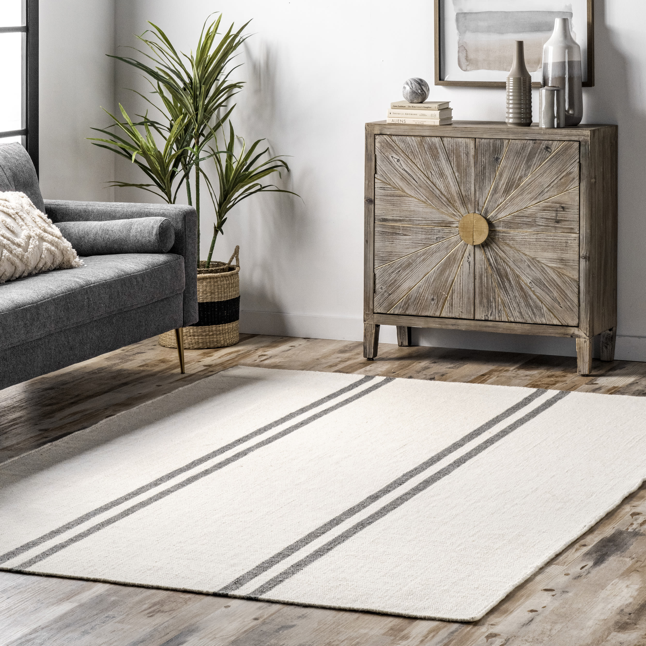Ivory and Gray Striped Wool 4' x 6' Flat Woven Rug