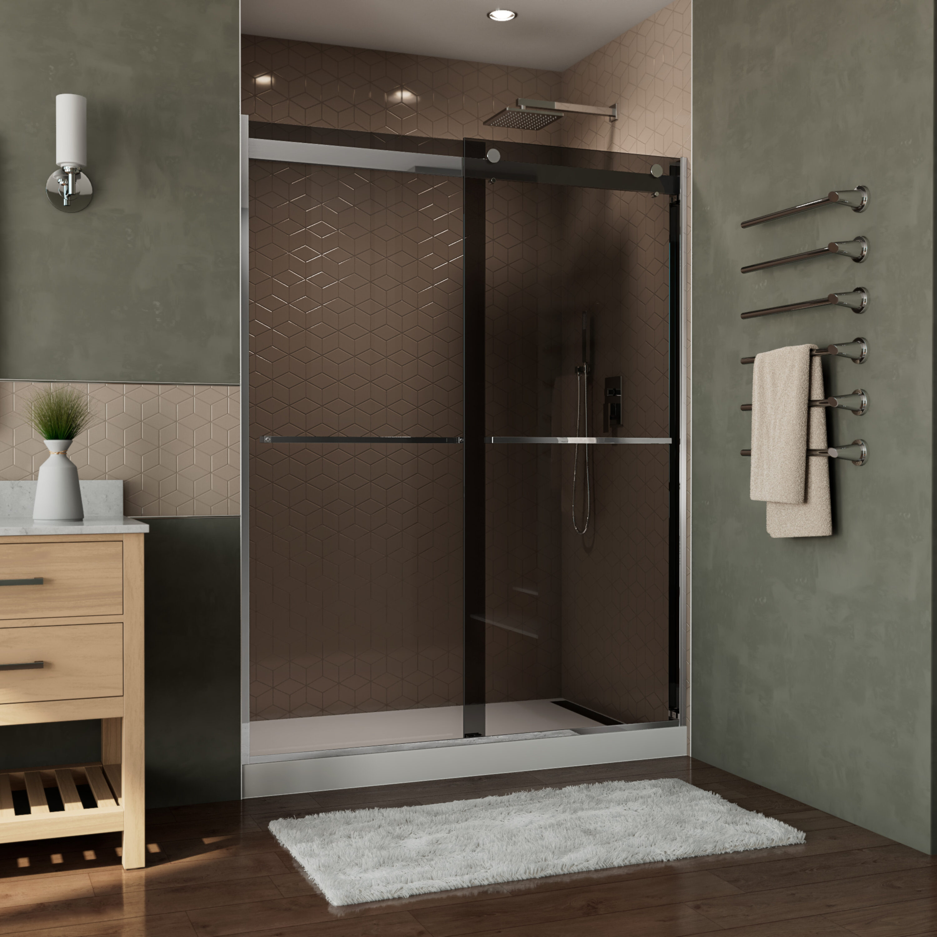 DreamLine SHDR-636076HG01 Essence-H Chrome 56-in to 60-in W x 76-in H Semi-frameless Bypass Sliding Shower door 5/16-in Thick Smoke gray Glass